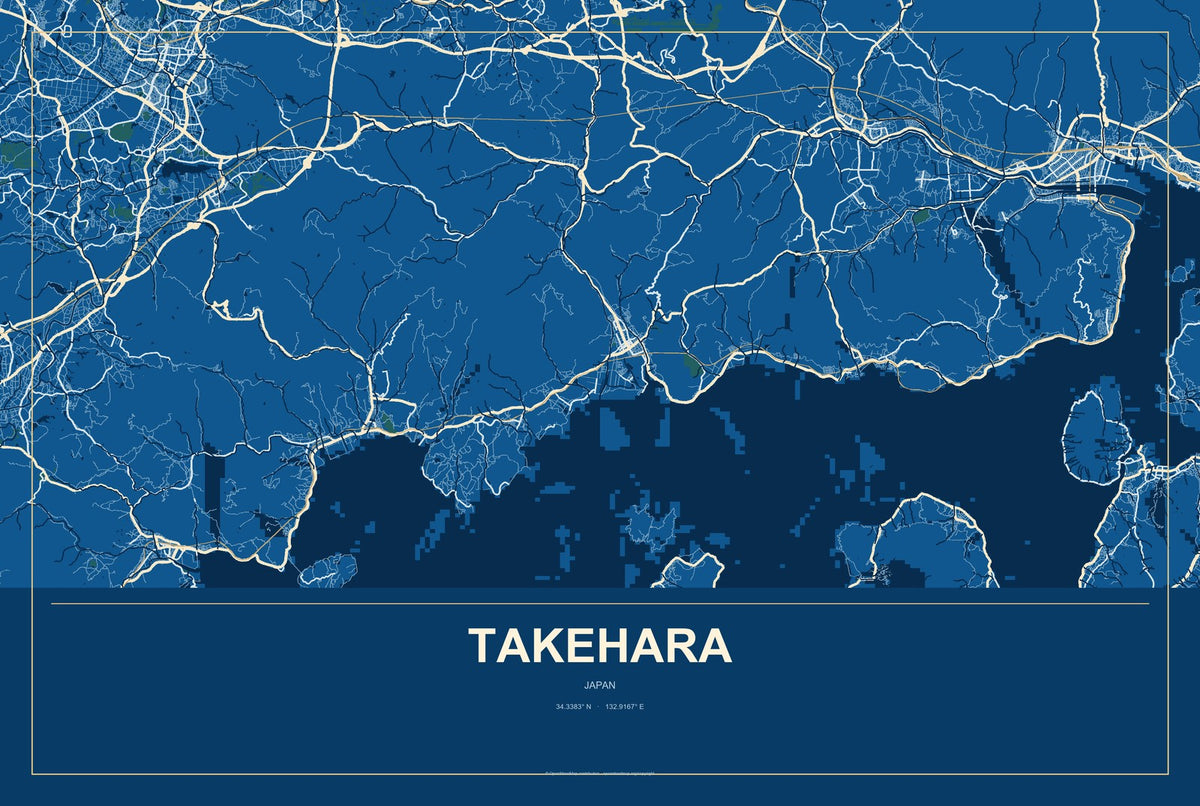 Takehara, Japan City Map Aluminum Sign in Harbor Cobalt style