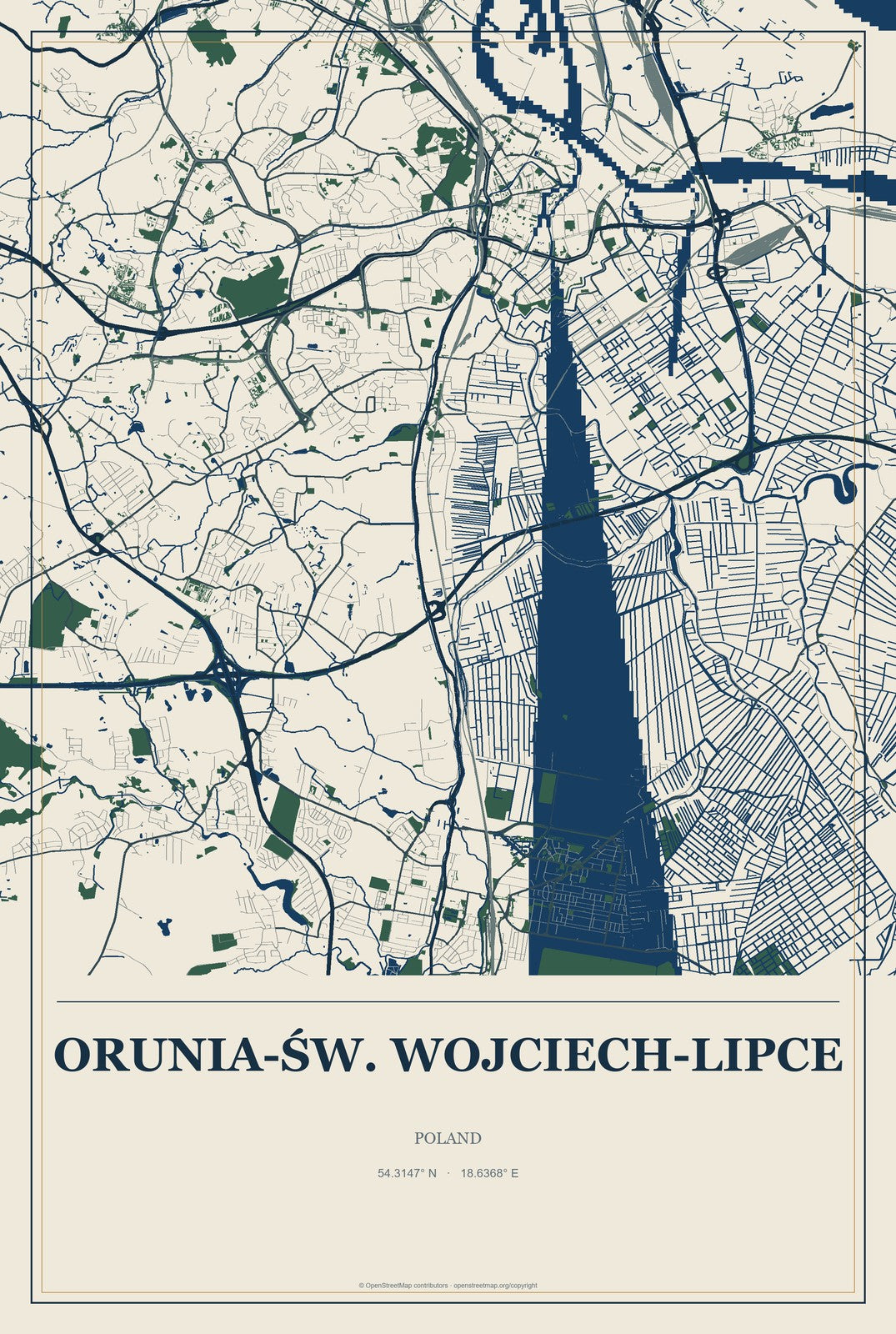 Orunia-Św. Wojciech-Lipce, Poland City Map Aluminum Sign in Coastal Cutout style