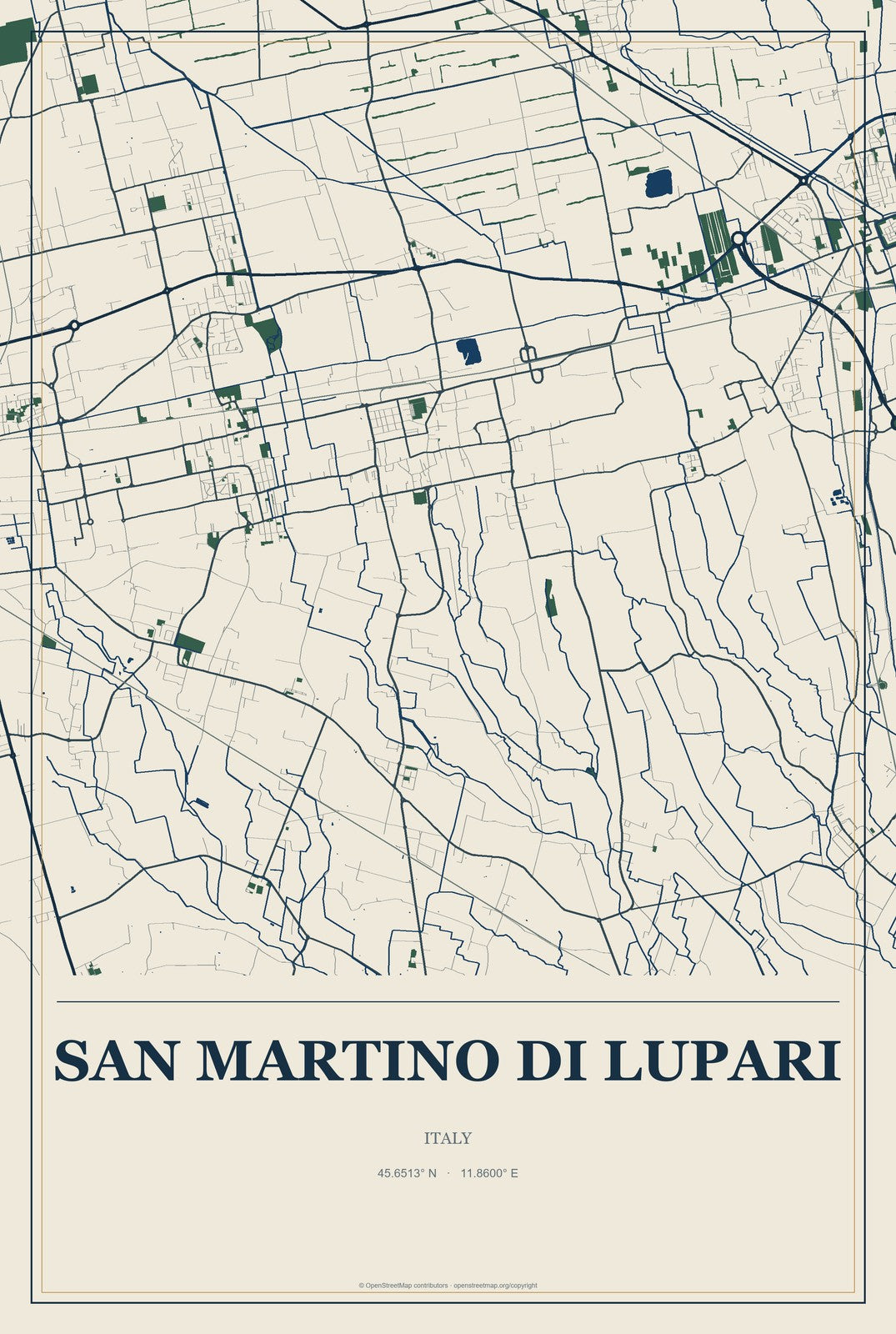 San Martino di Lupari, Italy City Map Aluminum Sign in Coastal Cutout style