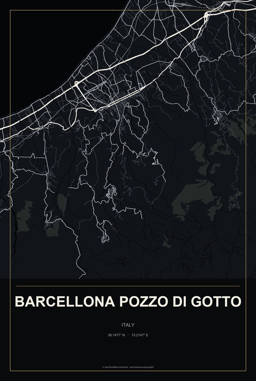 Barcellona Pozzo di Gotto, Italy City Map Aluminum Sign in Metropolitan Noir style