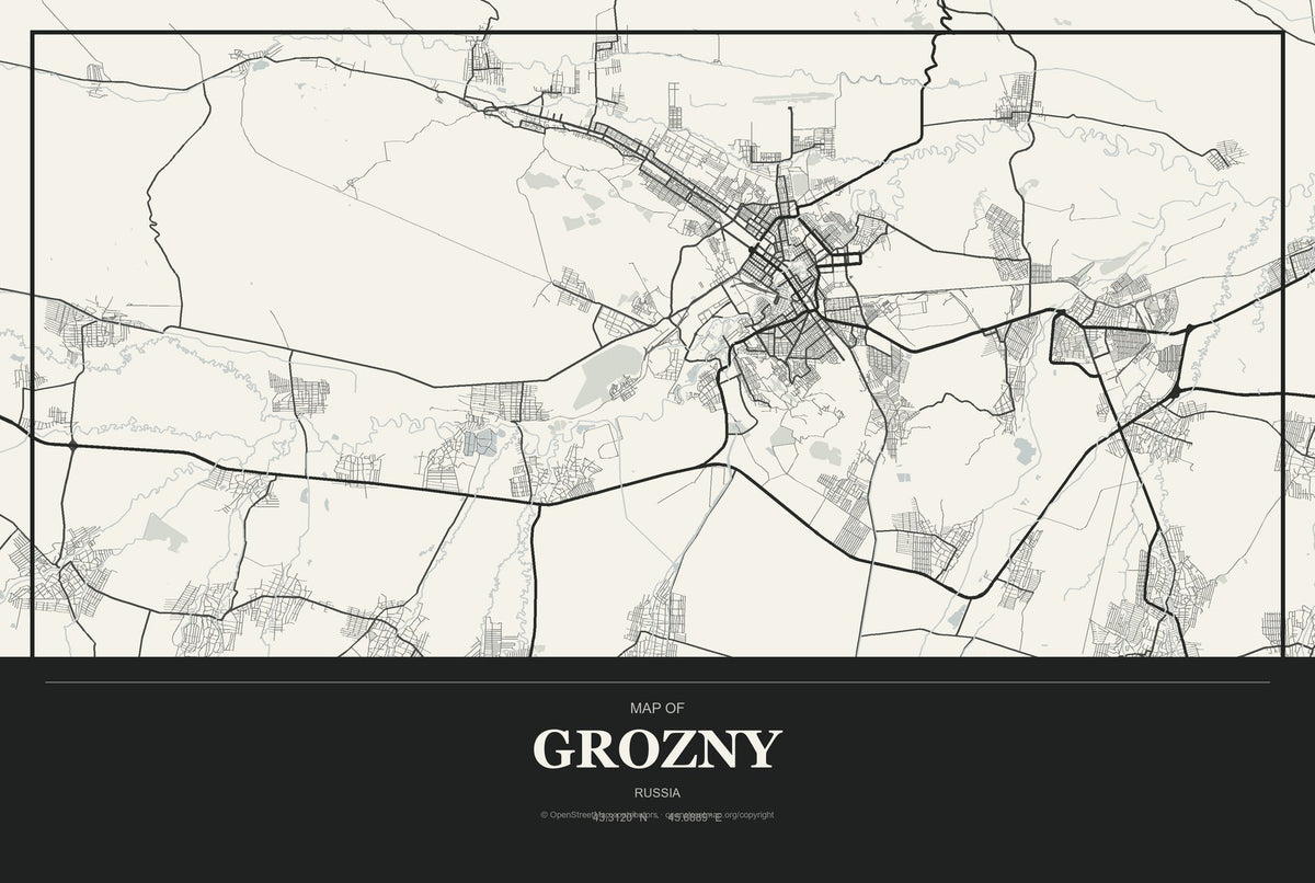 Grozny, Russia City Map Aluminum Sign in Museum Plaque style
