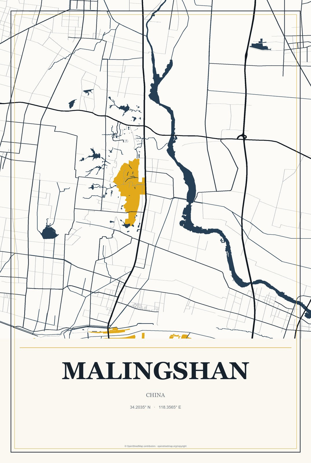 Malingshan, China City Map Aluminum Sign in Citrine Modern style