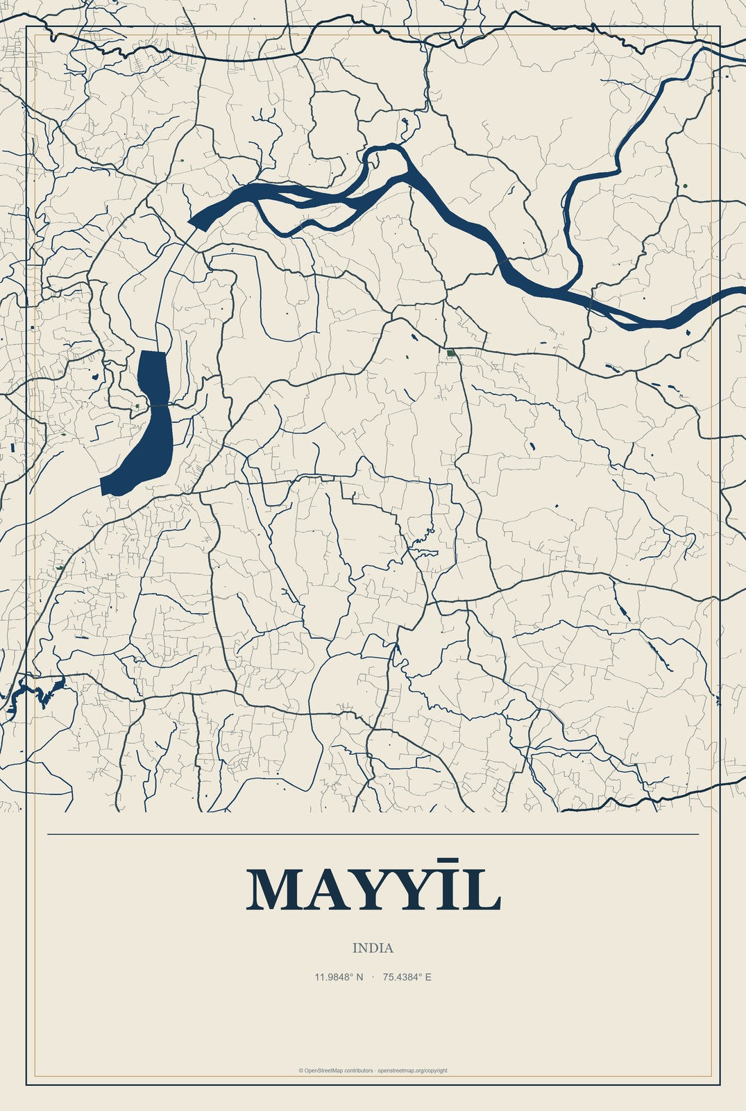 Mayyīl, India City Map Aluminum Sign in Coastal Cutout style