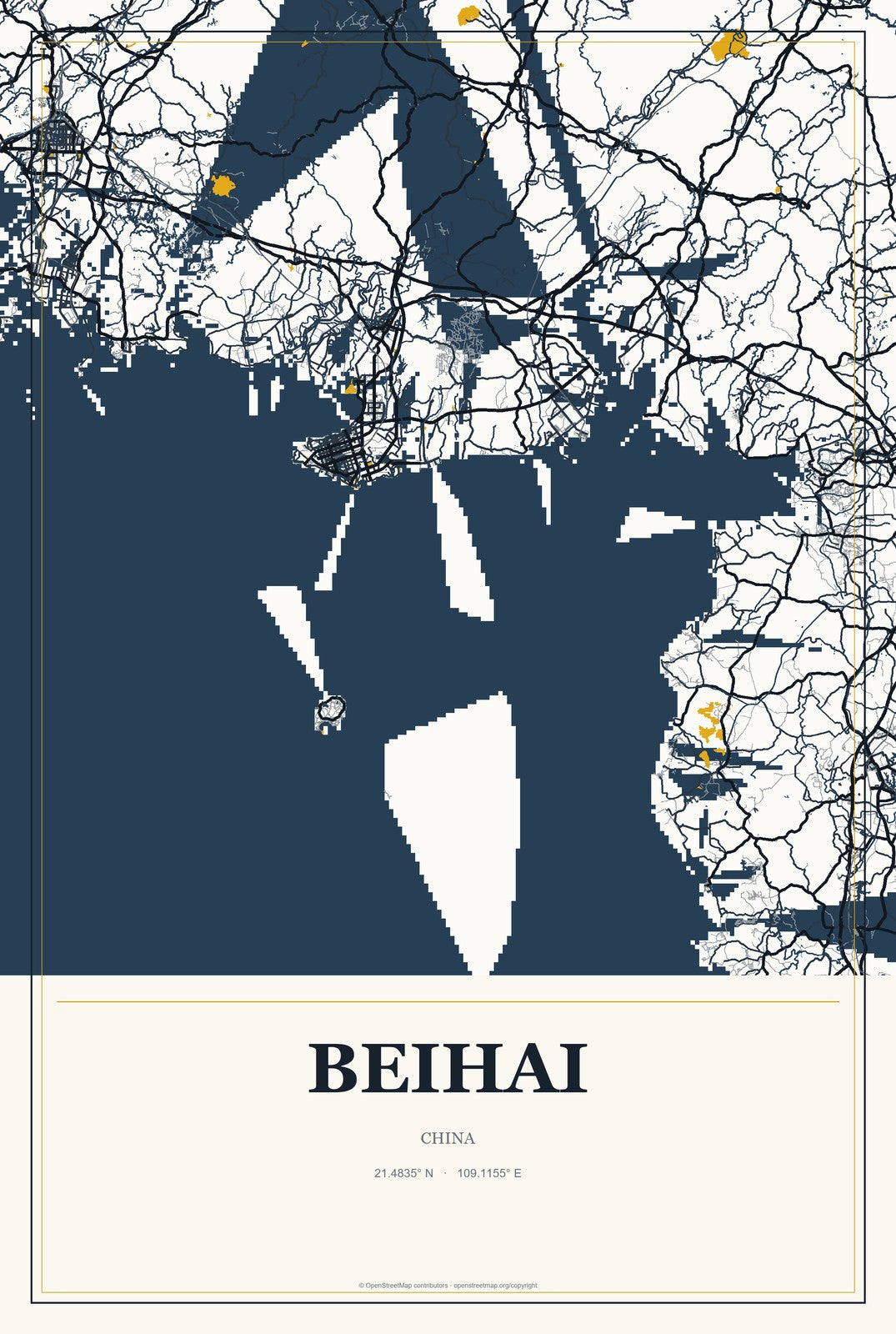 Beihai, Yunnan, China City Map Aluminum Sign in Citrine Modern style