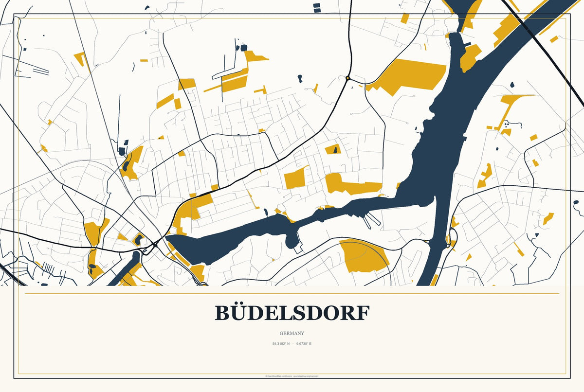 Büdelsdorf, Germany City Map Aluminum Sign in Citrine Modern style