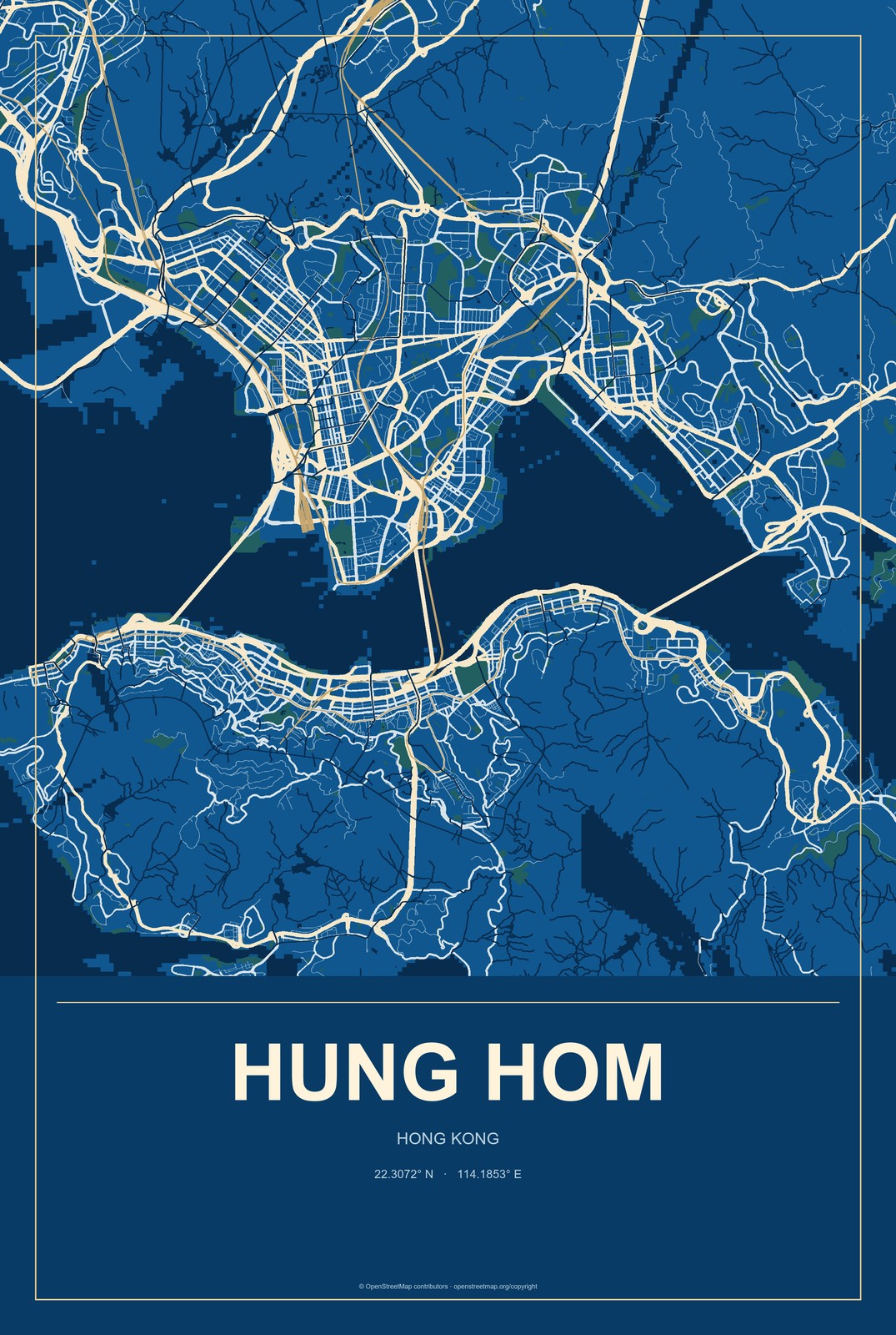 Hung Hom, Hong Kong City Map Aluminum Sign in Harbor Cobalt style