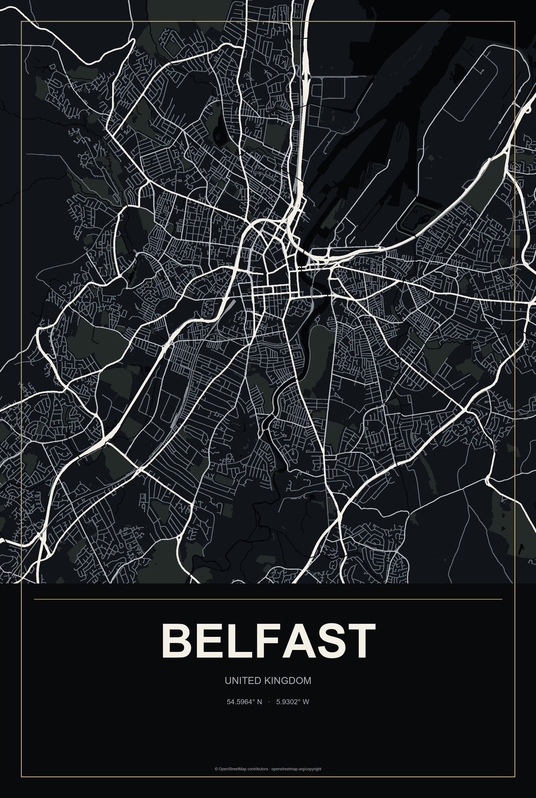 Belfast, United Kingdom City Map Aluminum Sign in Metropolitan Noir style