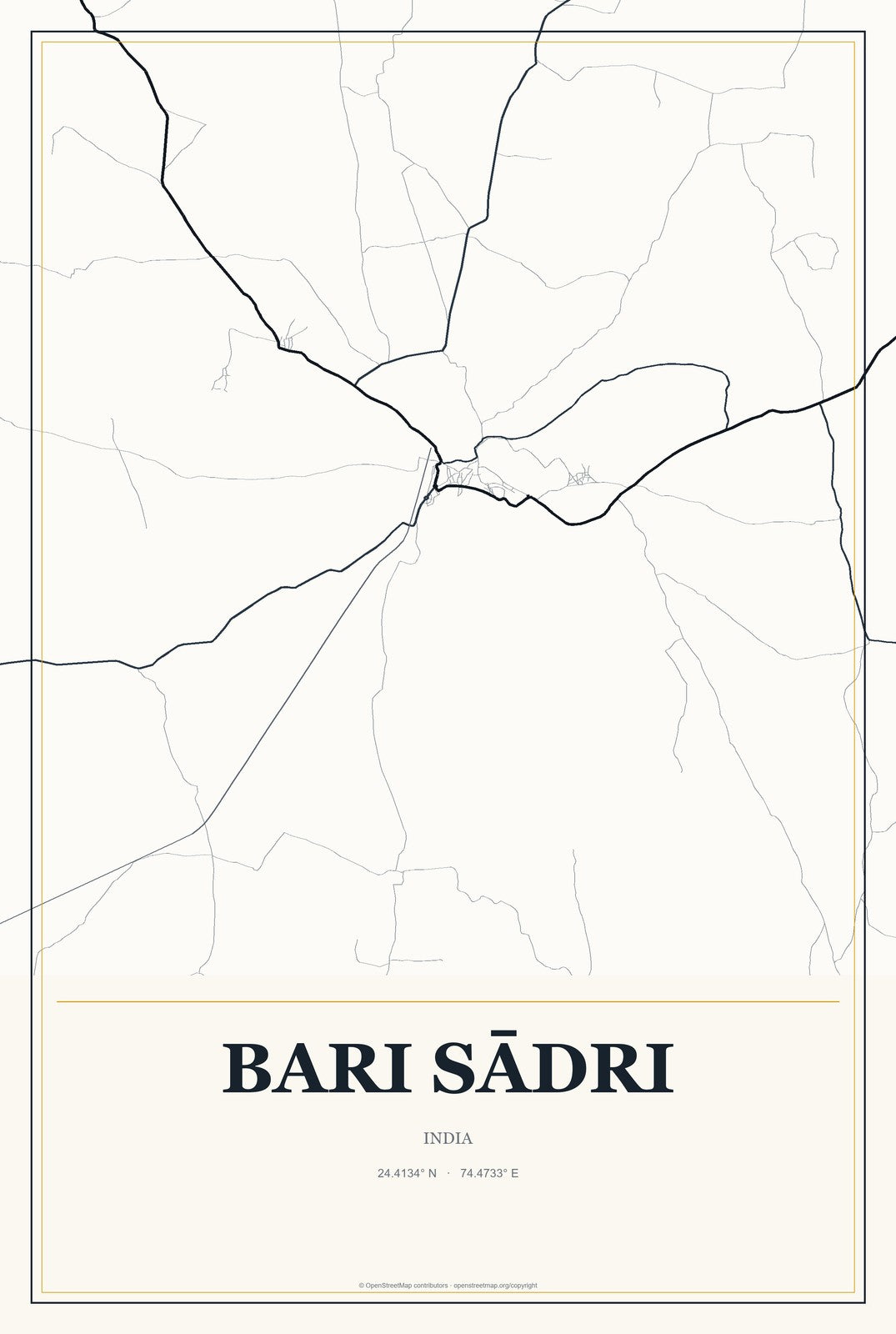 Bari Sādri, India City Map Aluminum Sign in Citrine Modern style