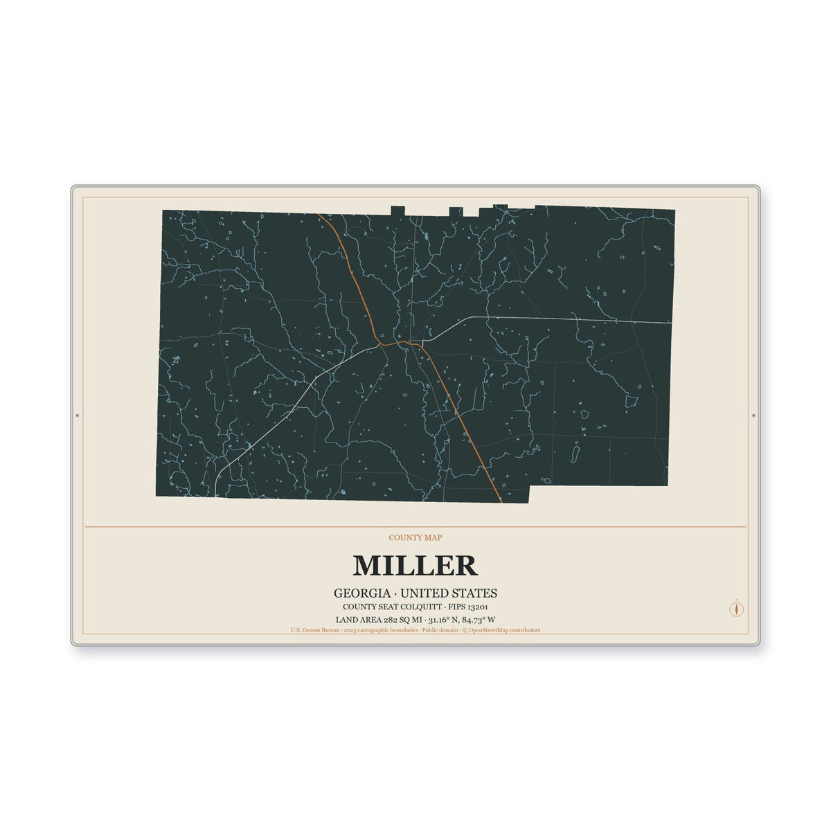 Miller County, Georgia Map Aluminum Sign in Headline Atlas style