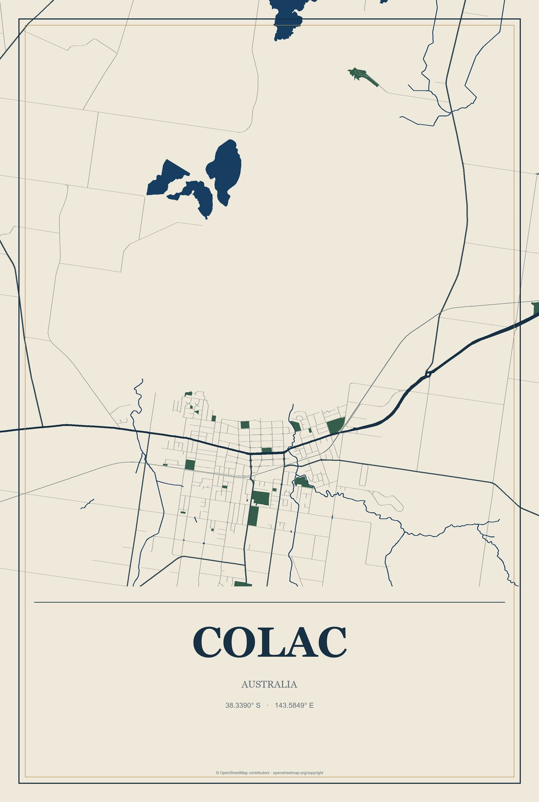 Colac, Australia City Map Aluminum Sign in Coastal Cutout style