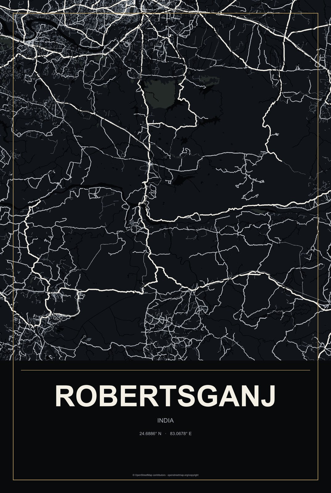 Robertsganj, India City Map Aluminum Sign in Metropolitan Noir style