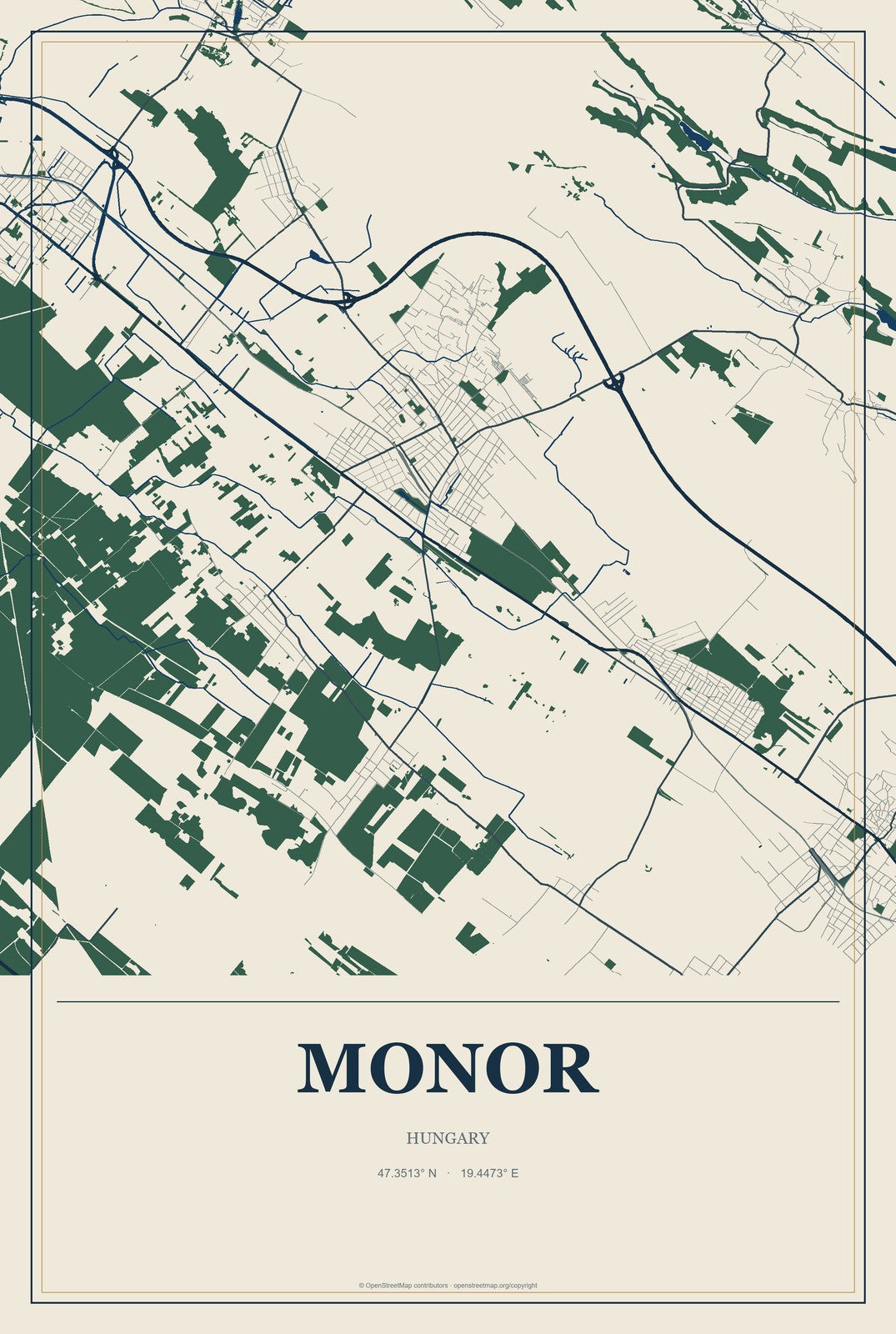 Monor, Hungary City Map Aluminum Sign in Coastal Cutout style