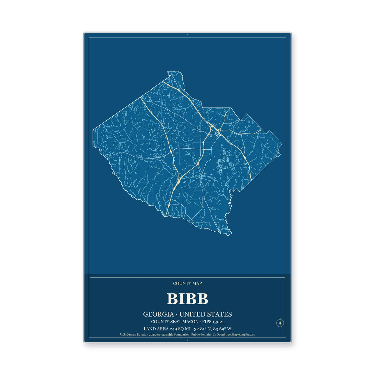 Bibb County, Georgia Map Aluminum Sign in Harbor Cobalt style