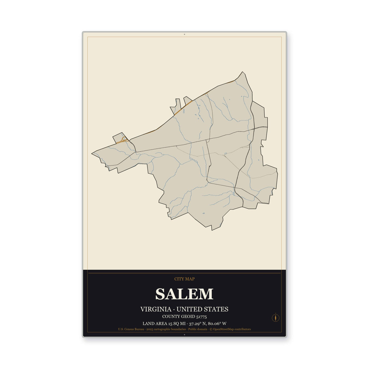 Salem city, Virginia Map Aluminum Sign in Museum Plaque style