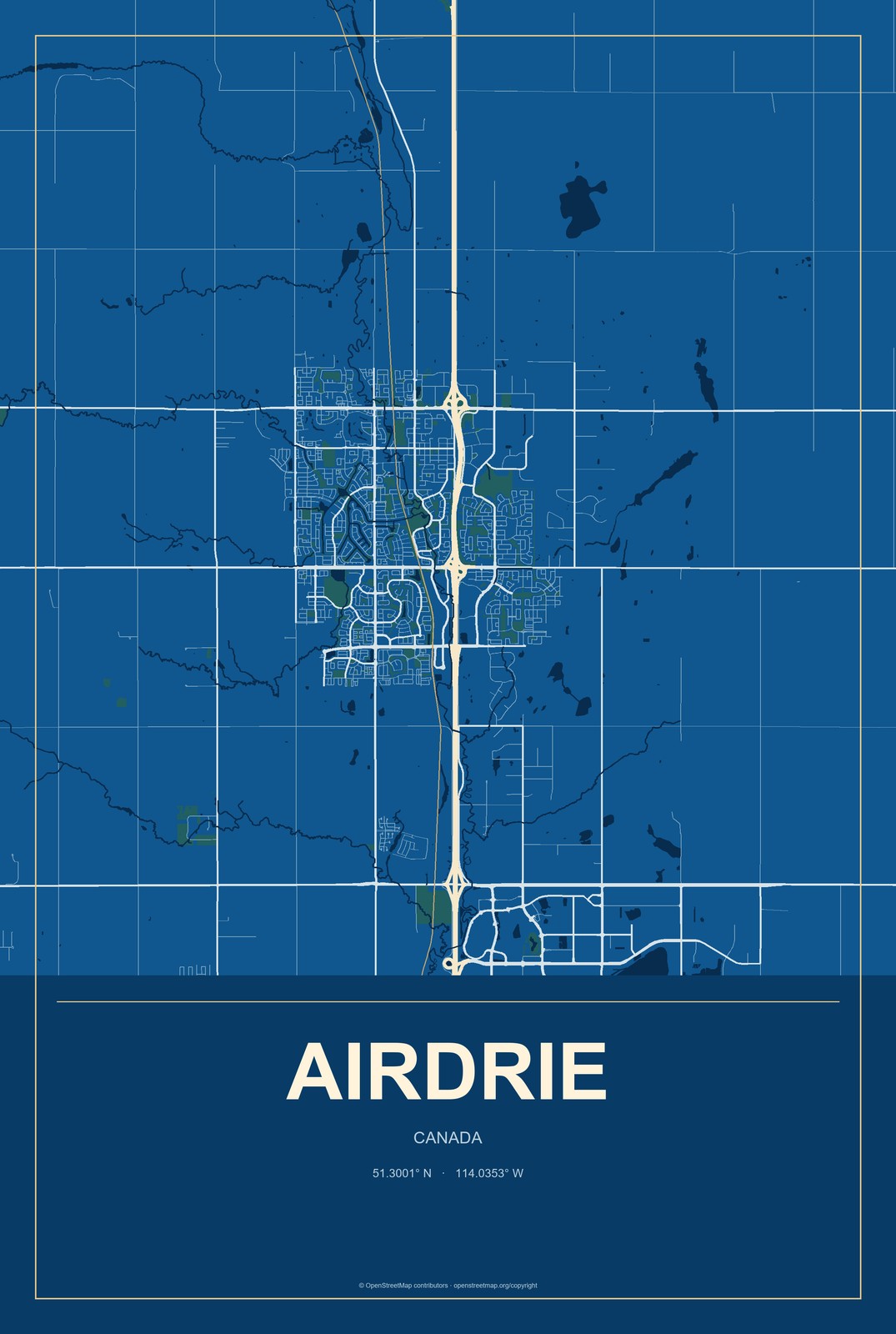 Airdrie, Canada City Map Aluminum Sign in Harbor Cobalt style
