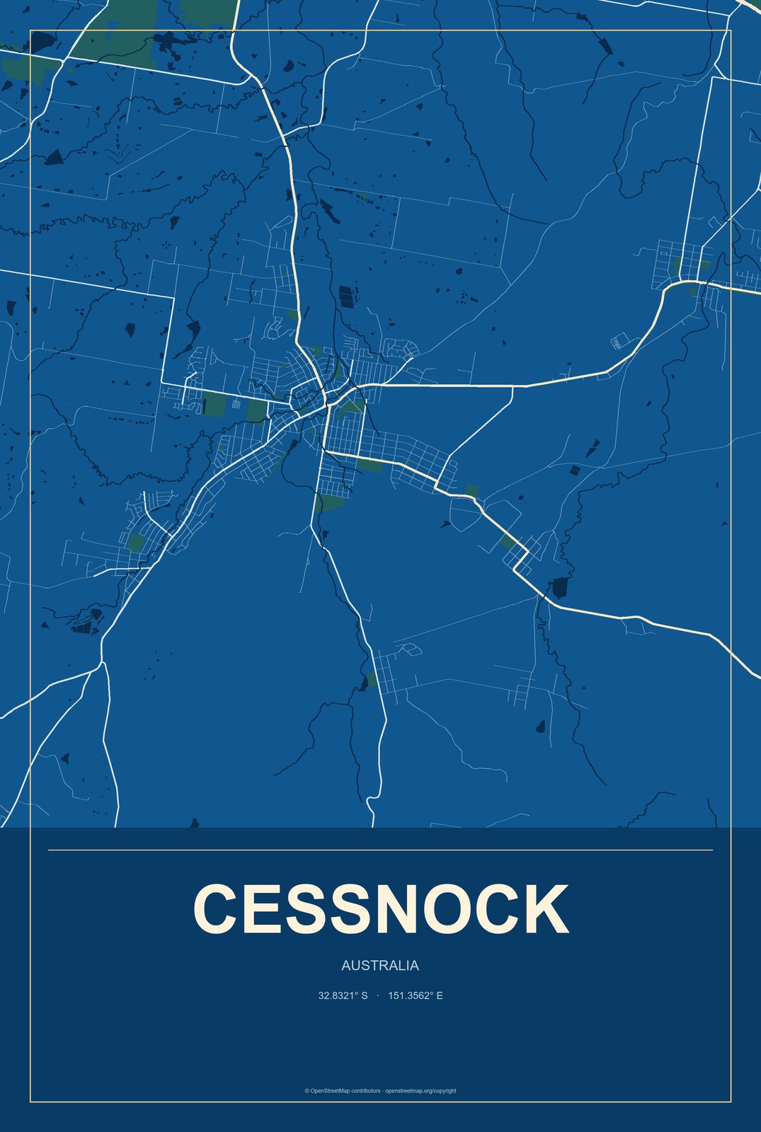 Cessnock, Australia City Map Aluminum Sign in Harbor Cobalt style
