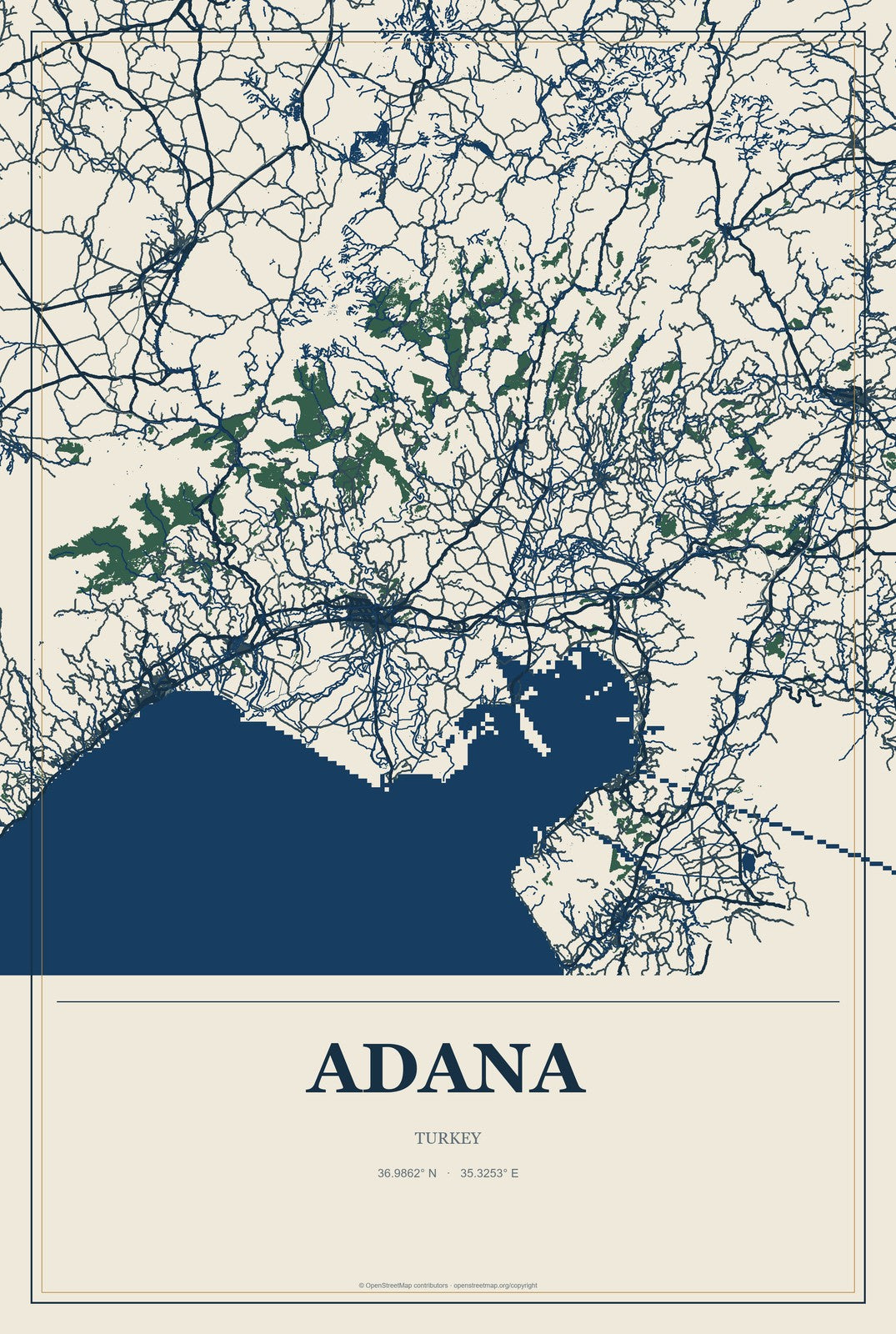 Adana, Turkey City Map Aluminum Sign in Coastal Cutout style