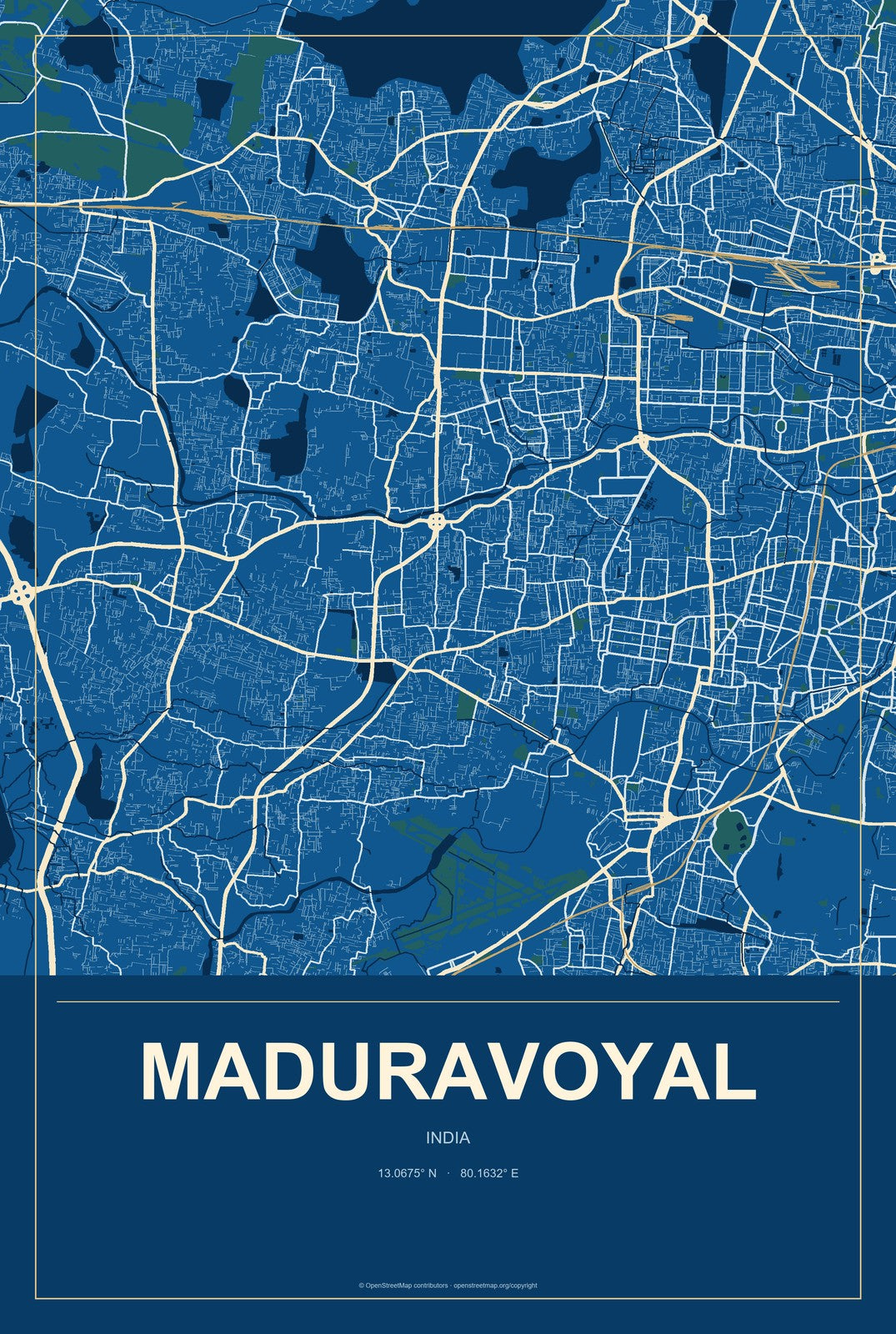 Maduravoyal, India City Map Aluminum Sign in Harbor Cobalt style