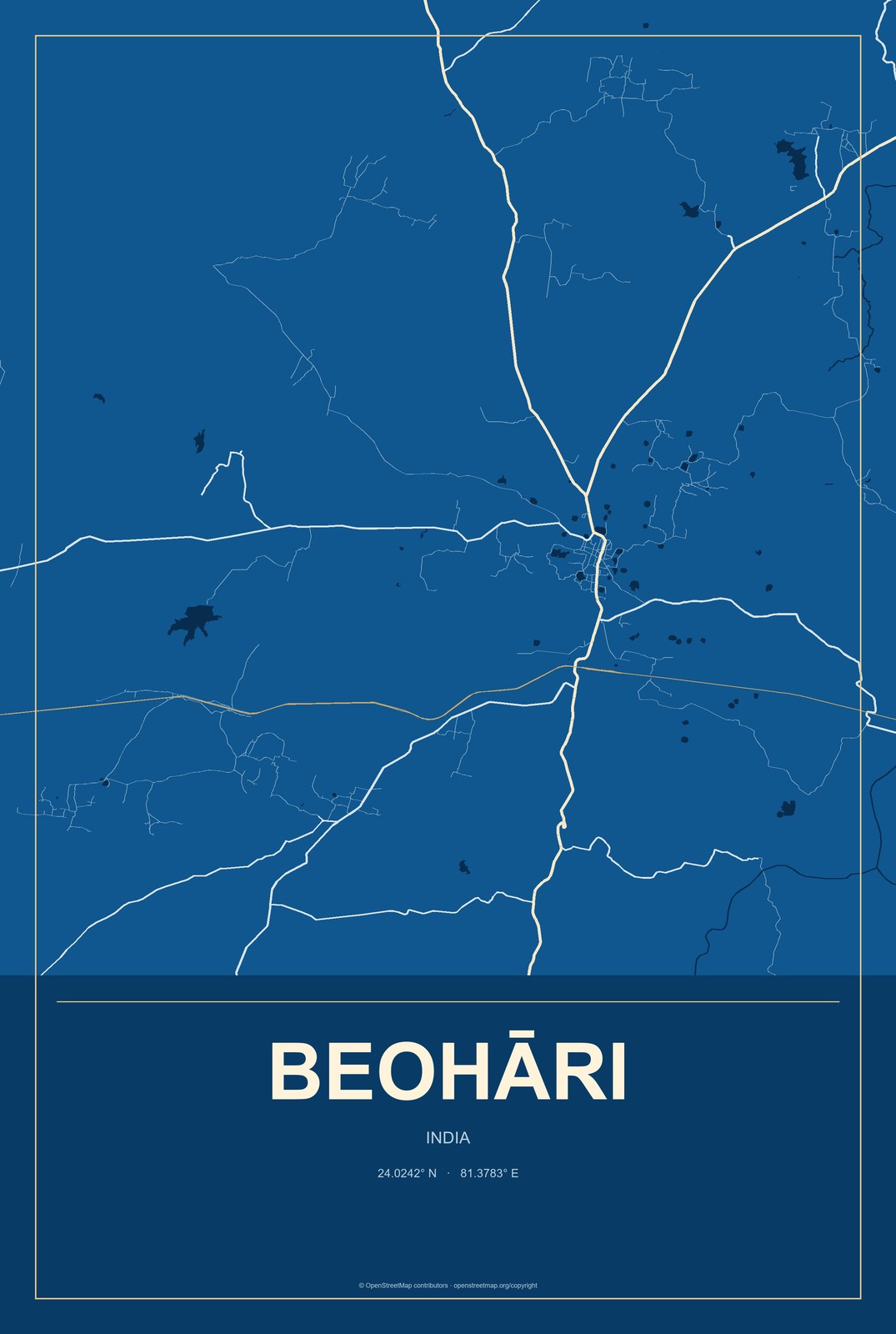 Beohāri, India City Map Aluminum Sign in Harbor Cobalt style