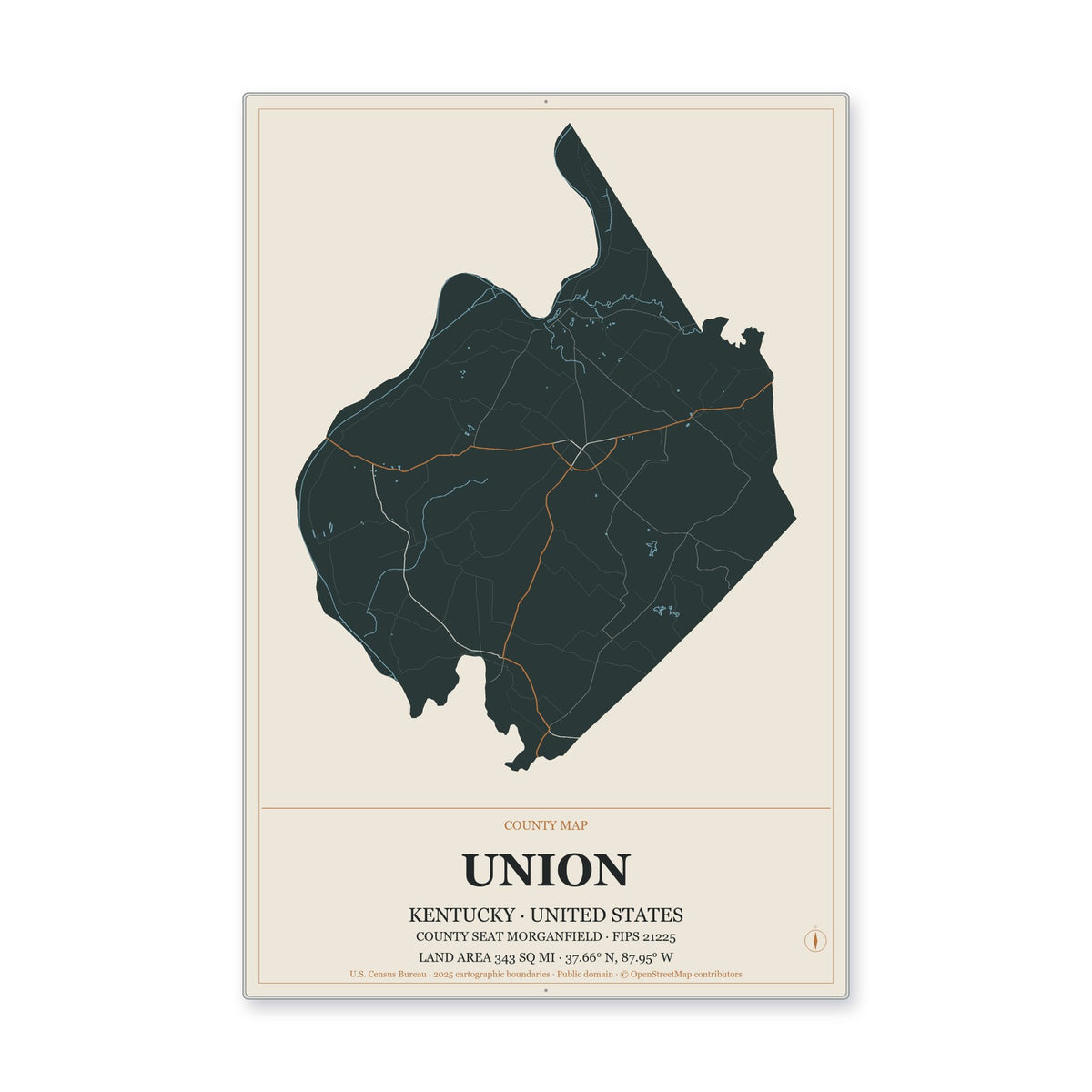 Union County, Kentucky Map Aluminum Sign in Headline Atlas style
