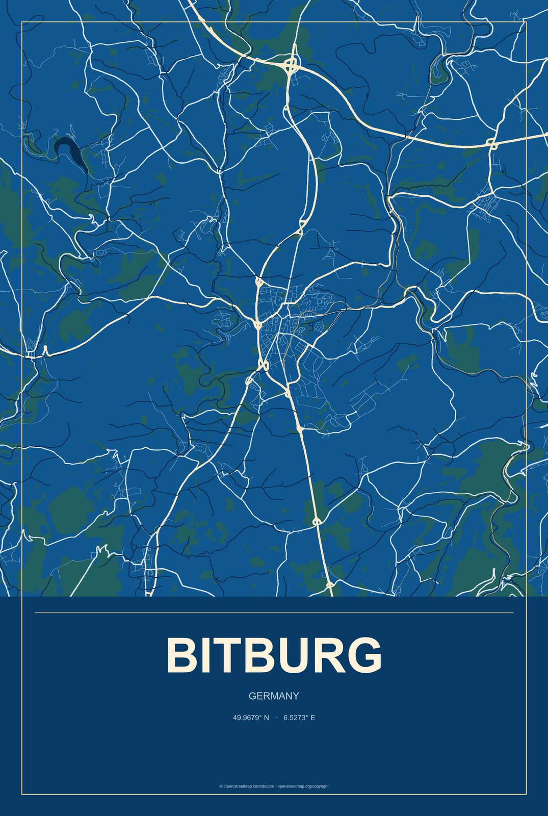 Bitburg, Germany City Map Aluminum Sign in Harbor Cobalt style