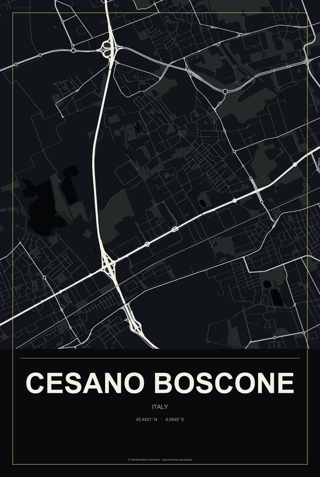 Cesano Boscone, Italy City Map Aluminum Sign in Metropolitan Noir style