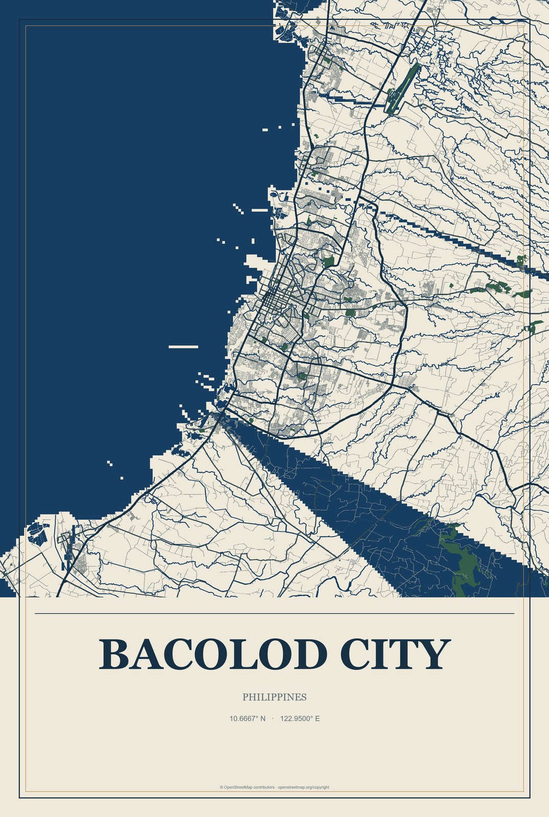 Bacolod City, Philippines City Map Aluminum Sign in Coastal Cutout style