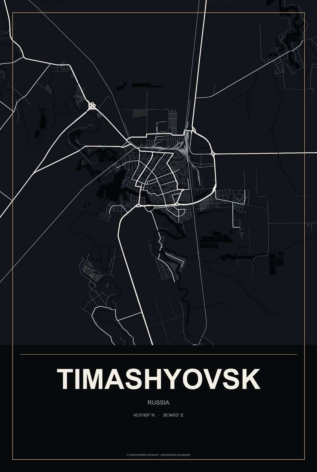 Timashyovsk, Russia City Map Aluminum Sign in Metropolitan Noir style