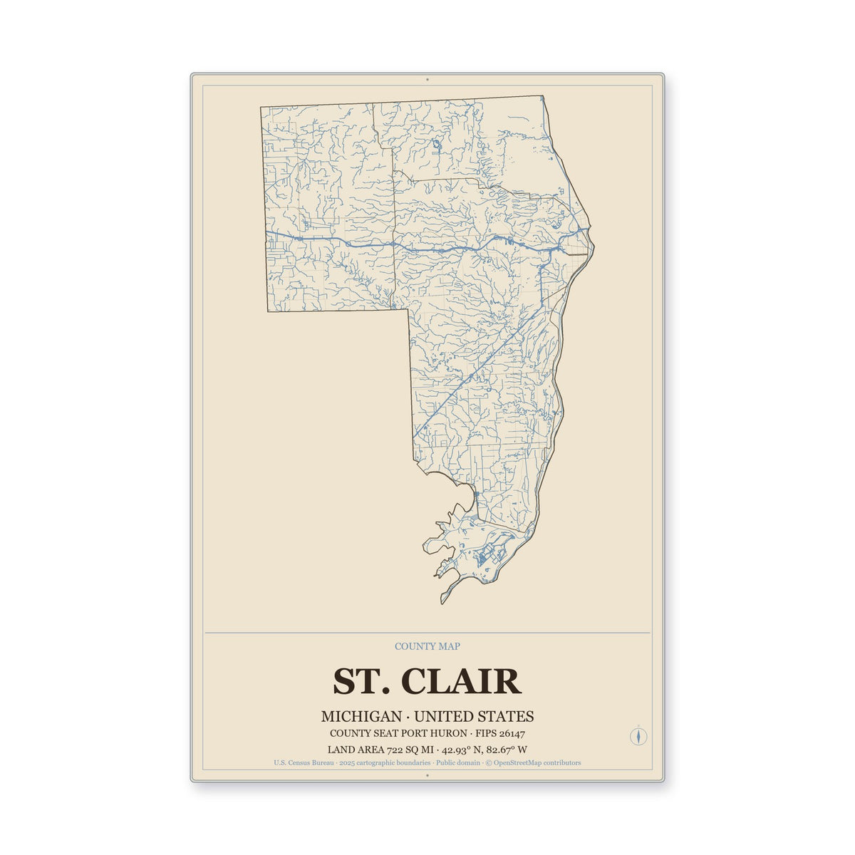 St. Clair County, Michigan Map Aluminum Sign in Heritage Nautical style