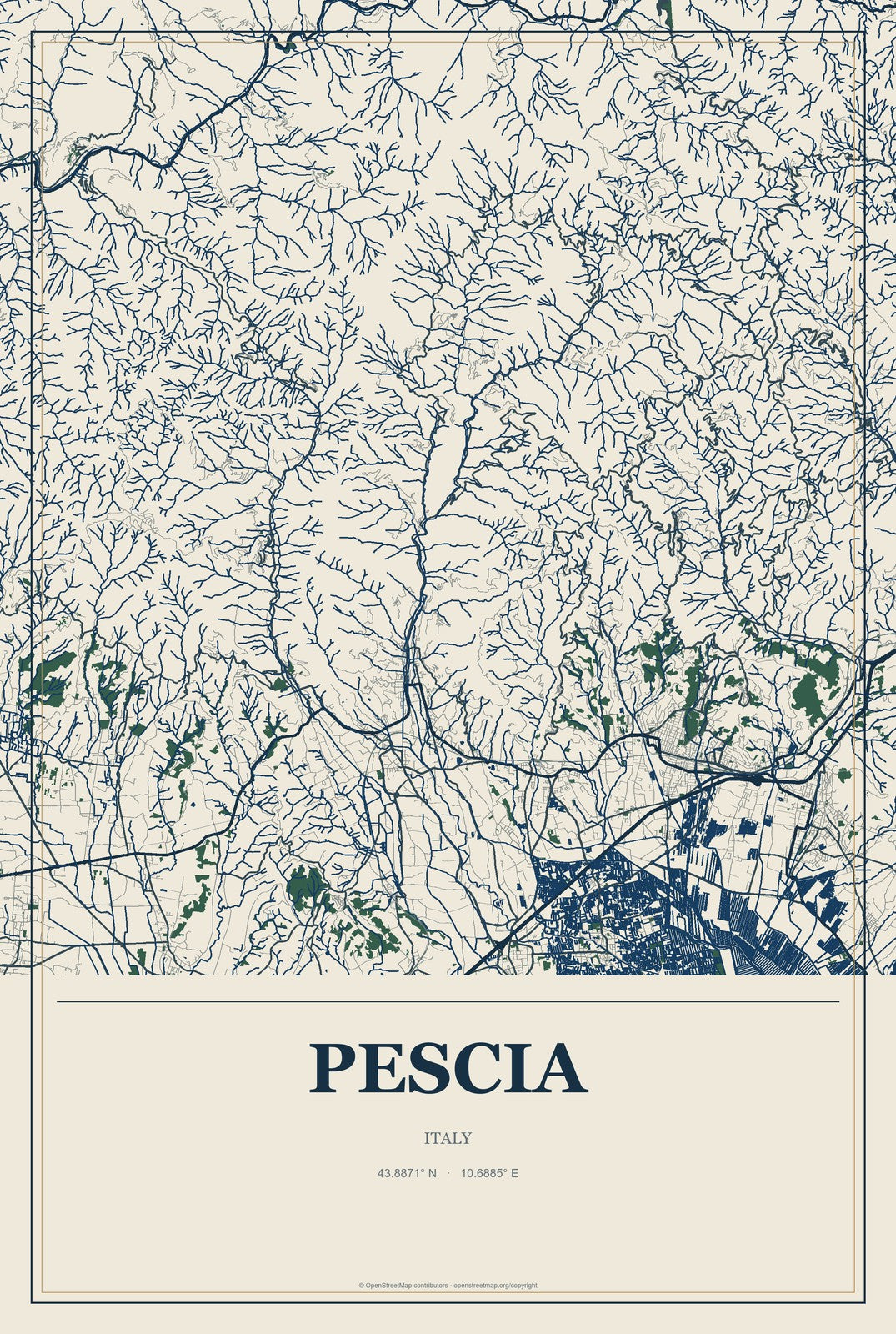 Pescia, Italy City Map Aluminum Sign in Coastal Cutout style