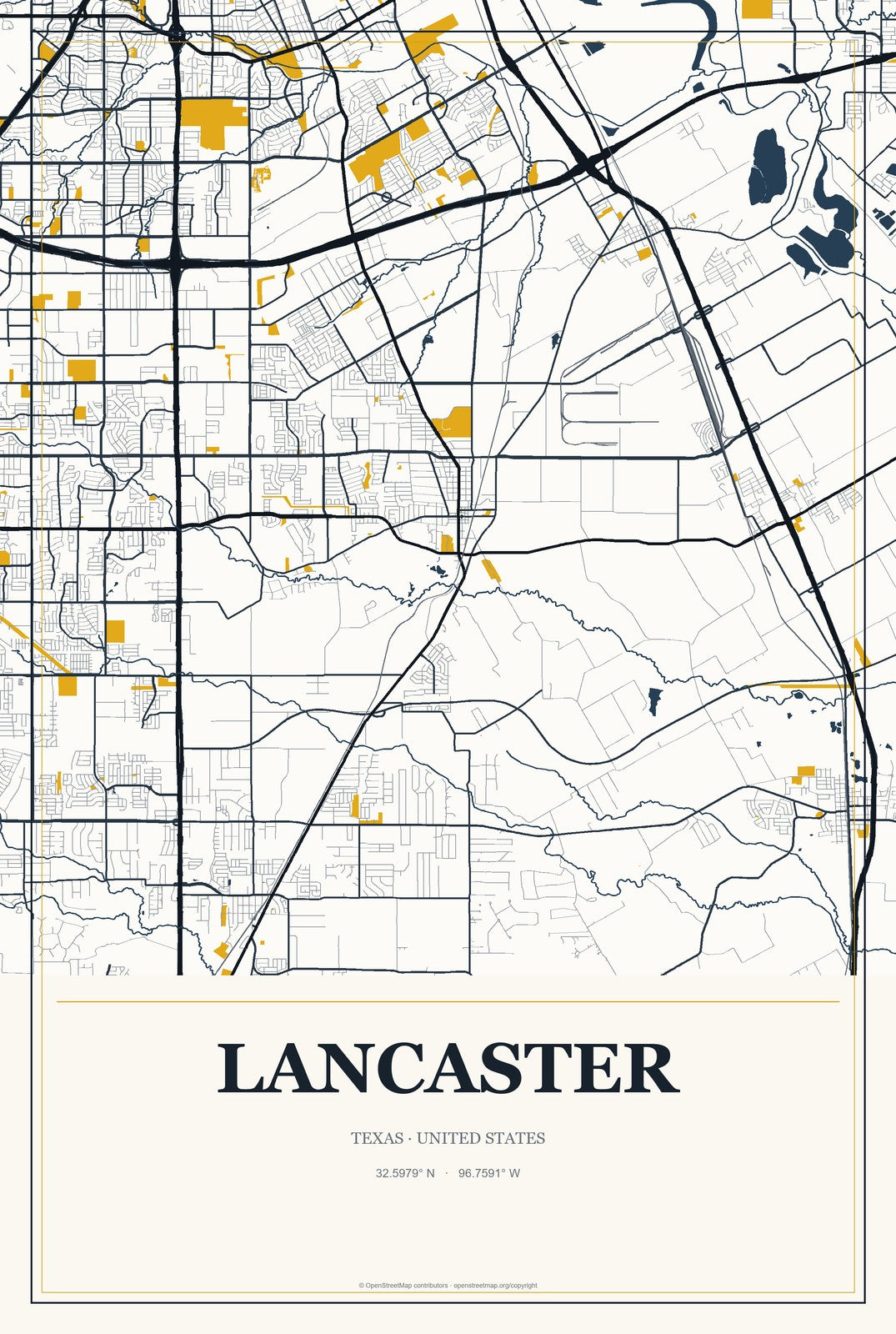 Lancaster, Texas City Map Aluminum Sign in Citrine Modern style