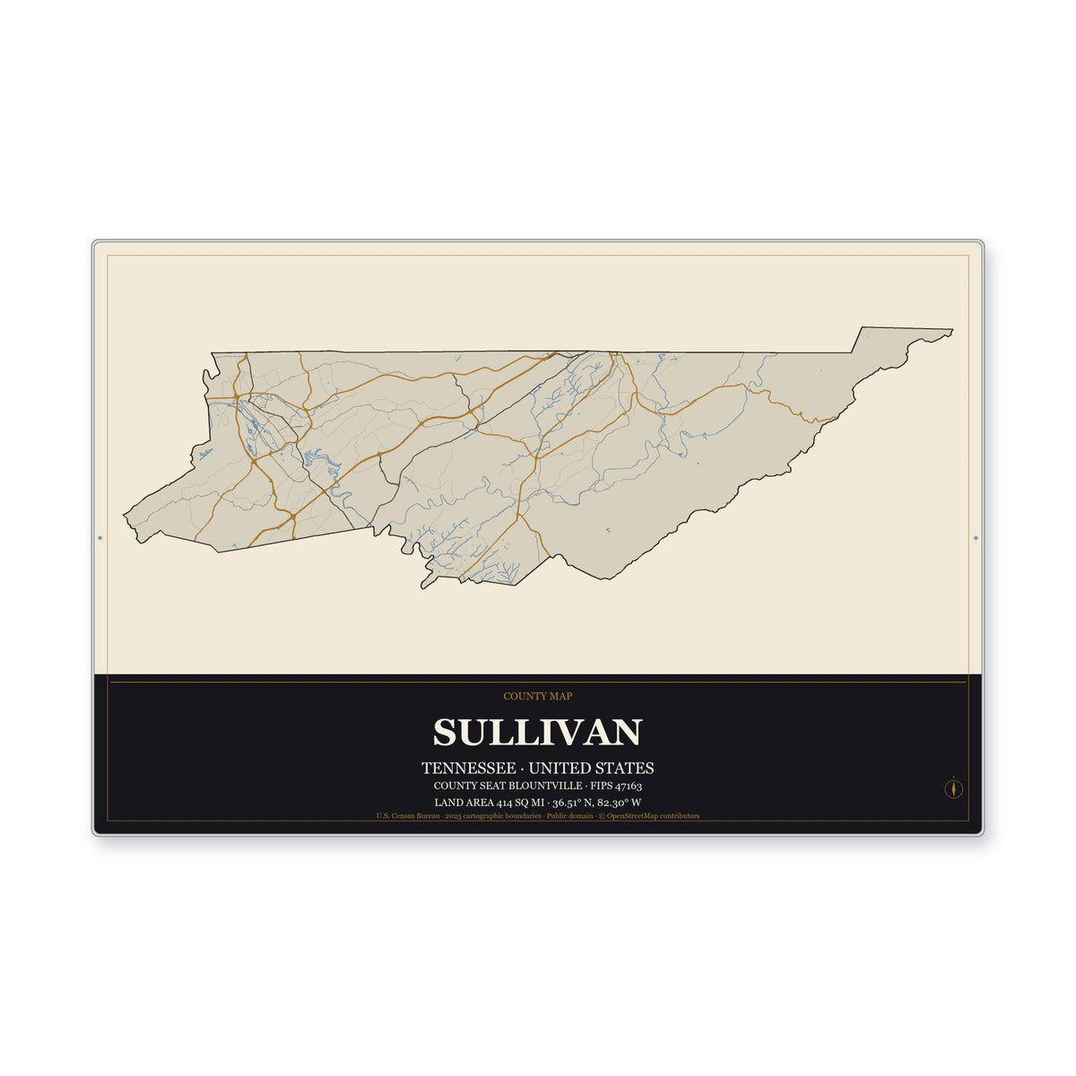 Sullivan County, Tennessee Map Aluminum Sign in Museum Plaque style