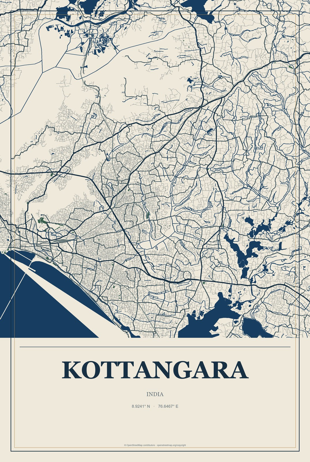 Kottangara, India City Map Aluminum Sign in Coastal Cutout style