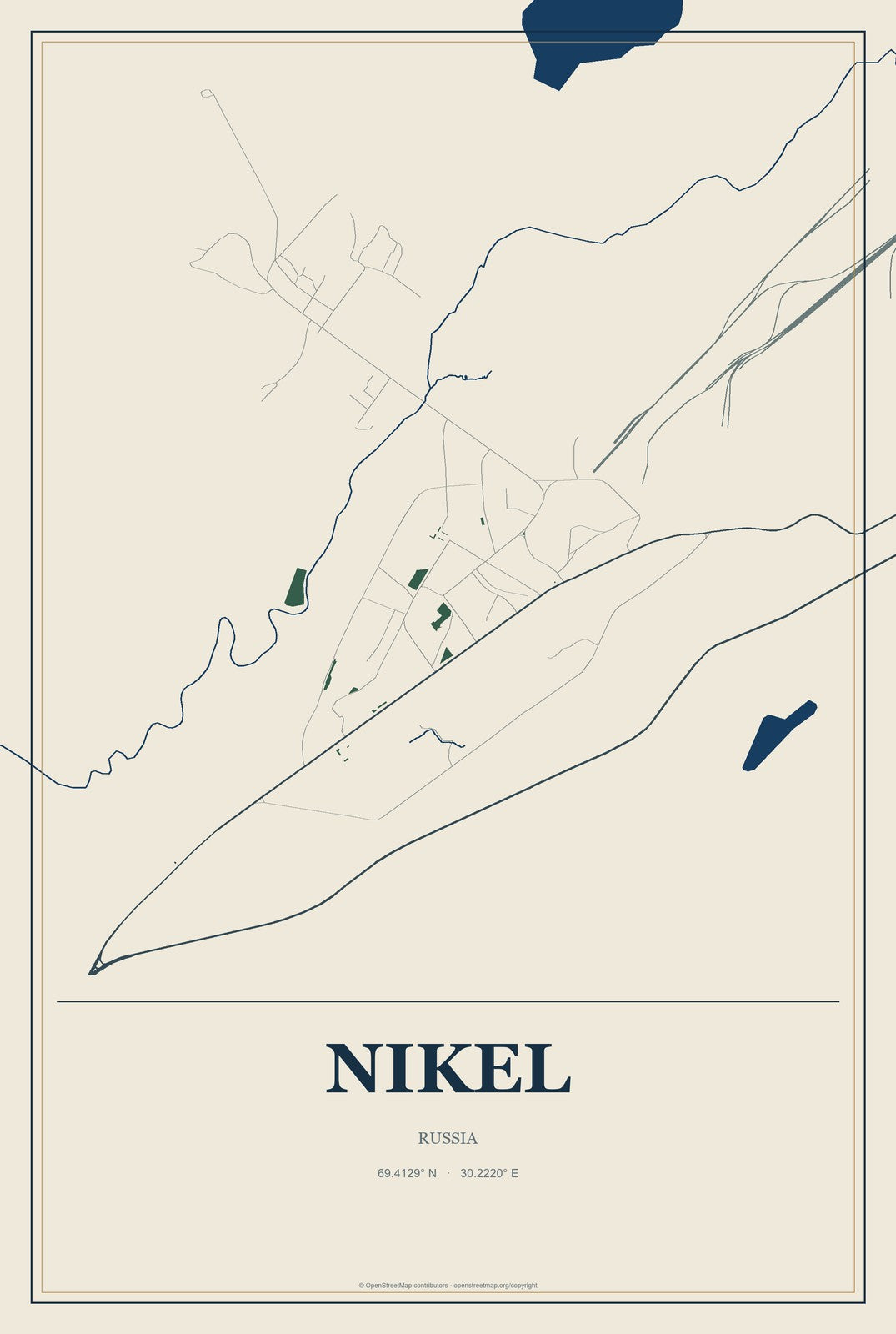 Nikel, Russia City Map Aluminum Sign in Coastal Cutout style