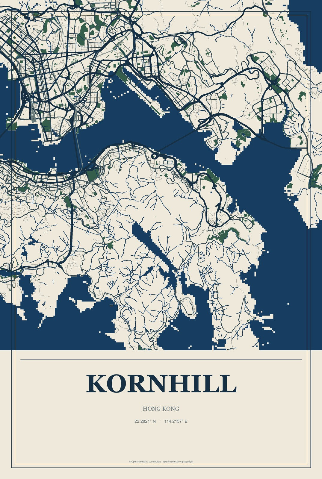 Kornhill, Hong Kong City Map Aluminum Sign in Coastal Cutout style