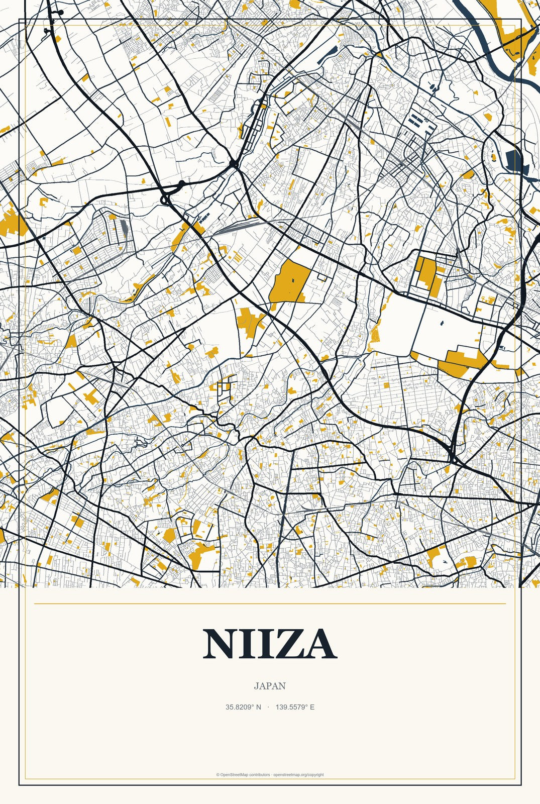 Niiza, Japan City Map Aluminum Sign in Citrine Modern style
