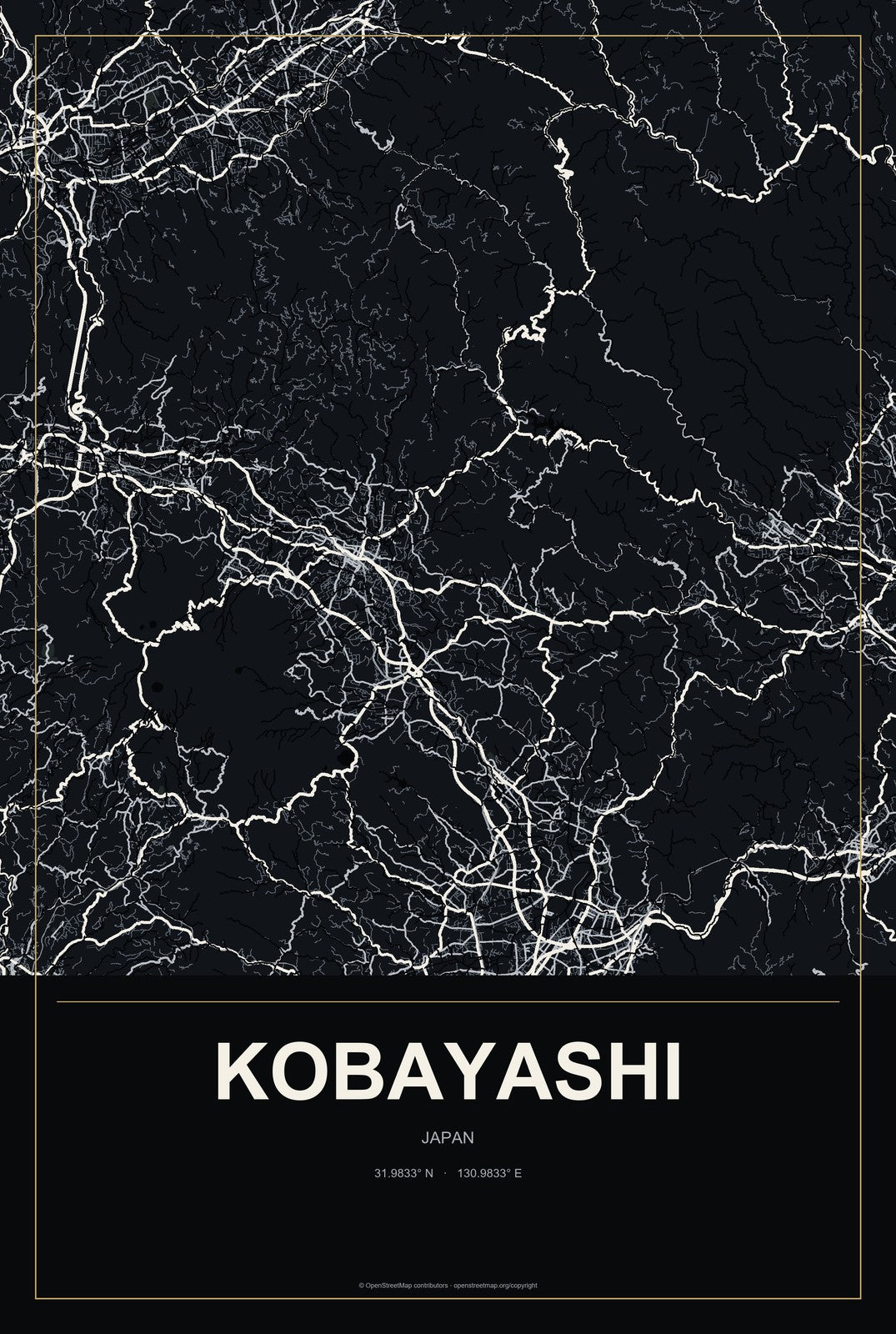 Kobayashi, Japan City Map Aluminum Sign in Metropolitan Noir style