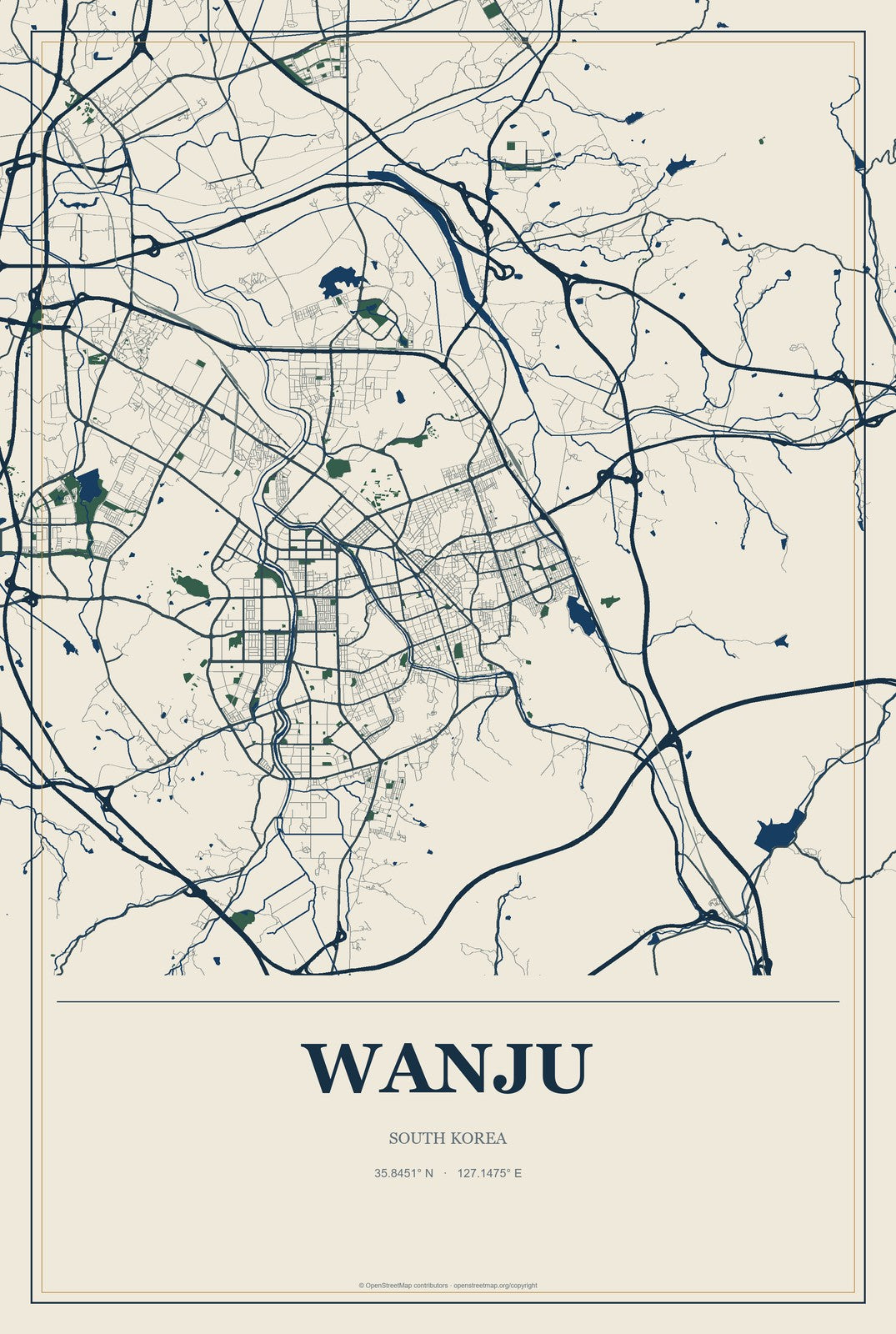 Wanju, South Korea City Map Aluminum Sign in Coastal Cutout style