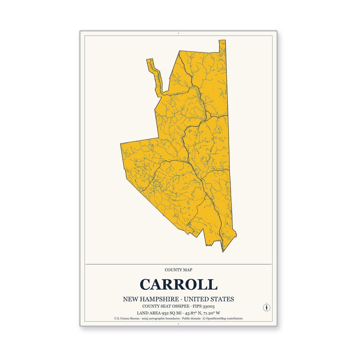 Carroll County, New Hampshire Map Aluminum Sign in Citrine Modern style