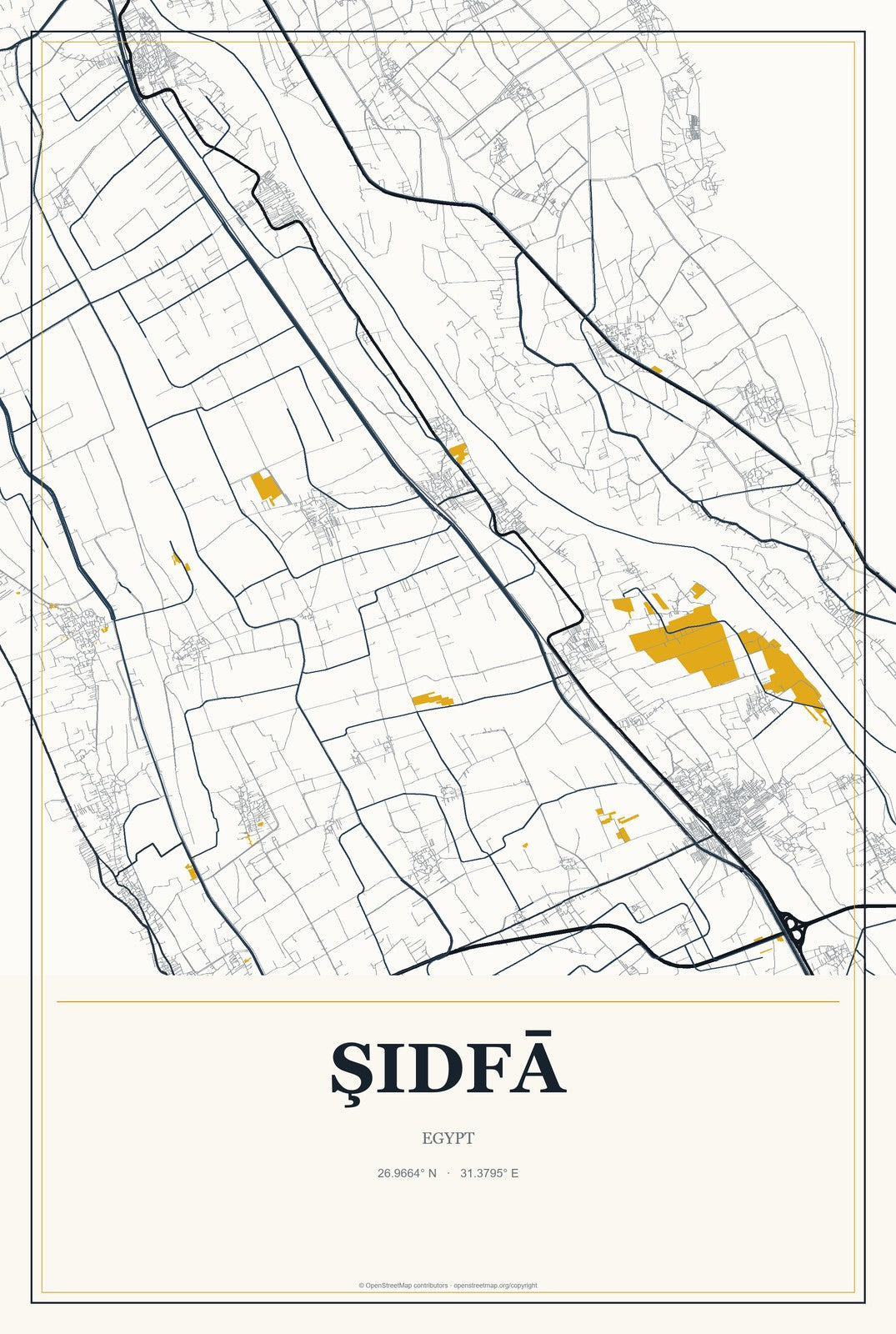 Şidfā, Egypt City Map Aluminum Sign in Citrine Modern style