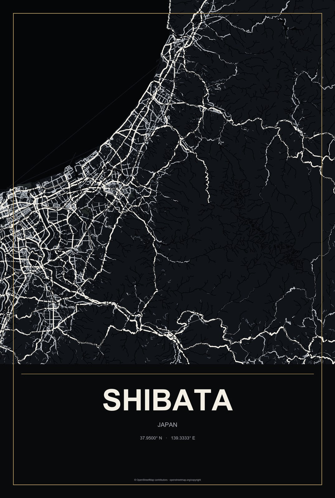 Shibata, Japan City Map Aluminum Sign in Metropolitan Noir style