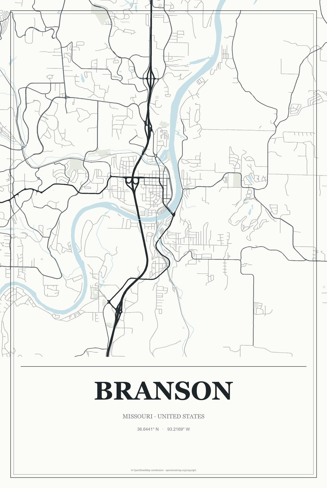 Branson, Missouri City Map Aluminum Sign in Gallery Air style