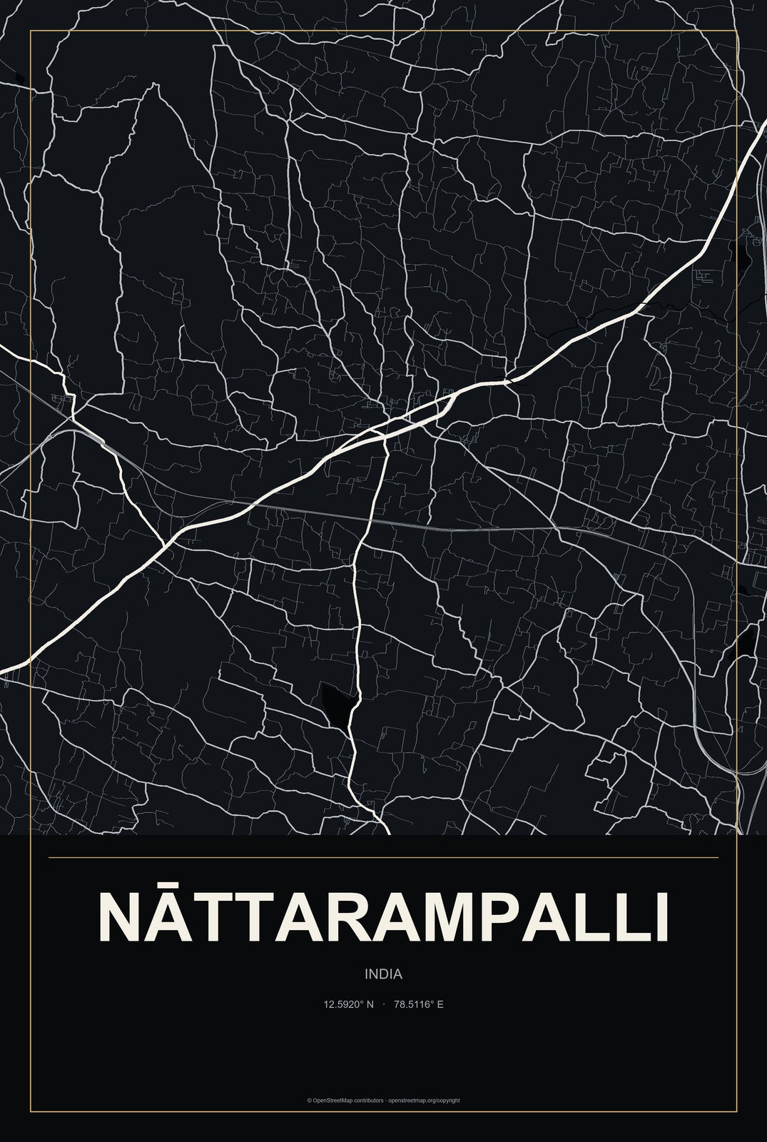 Nāttarampalli, India City Map Aluminum Sign in Metropolitan Noir style