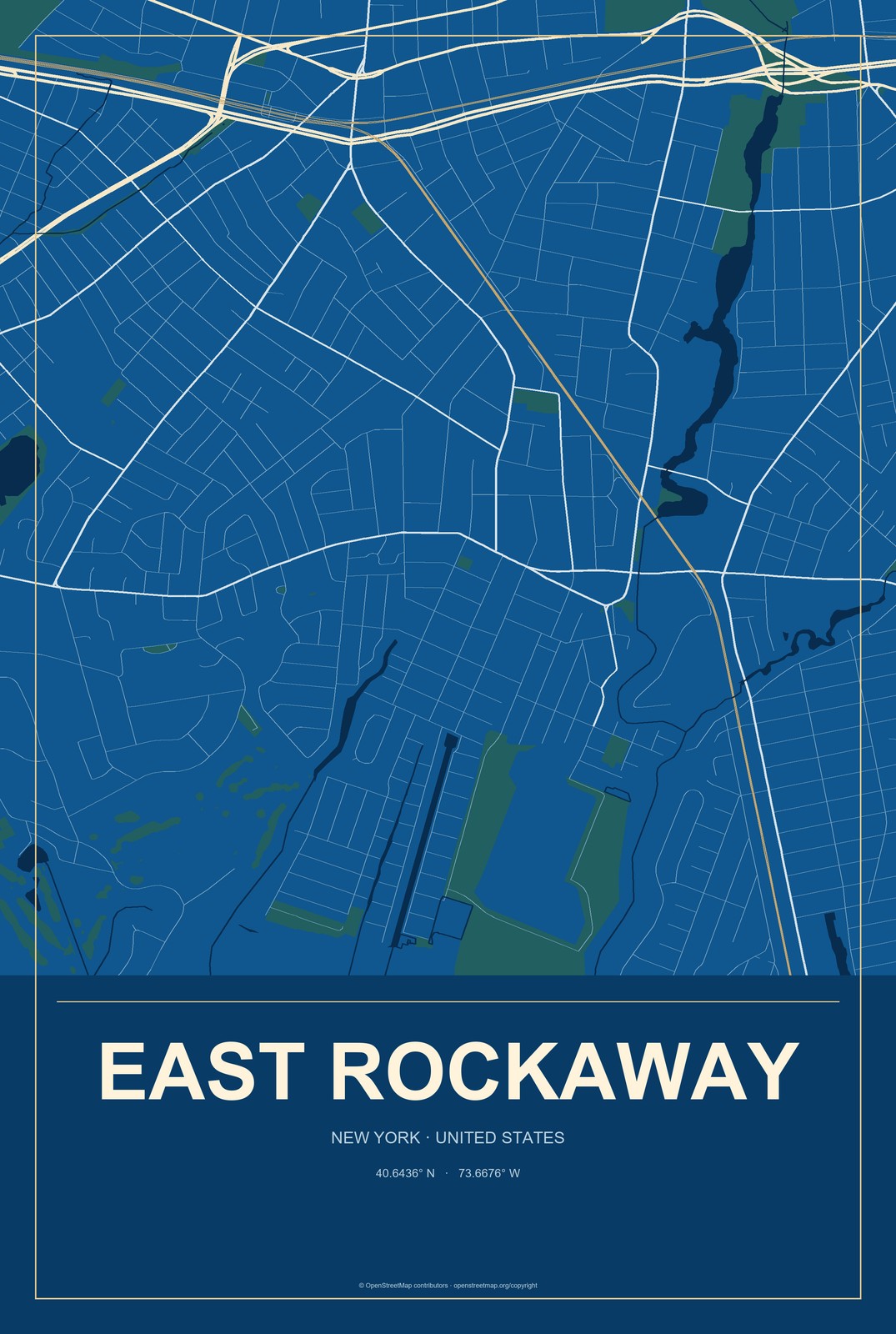 East Rockaway, New York City Map Aluminum Sign in Harbor Cobalt style