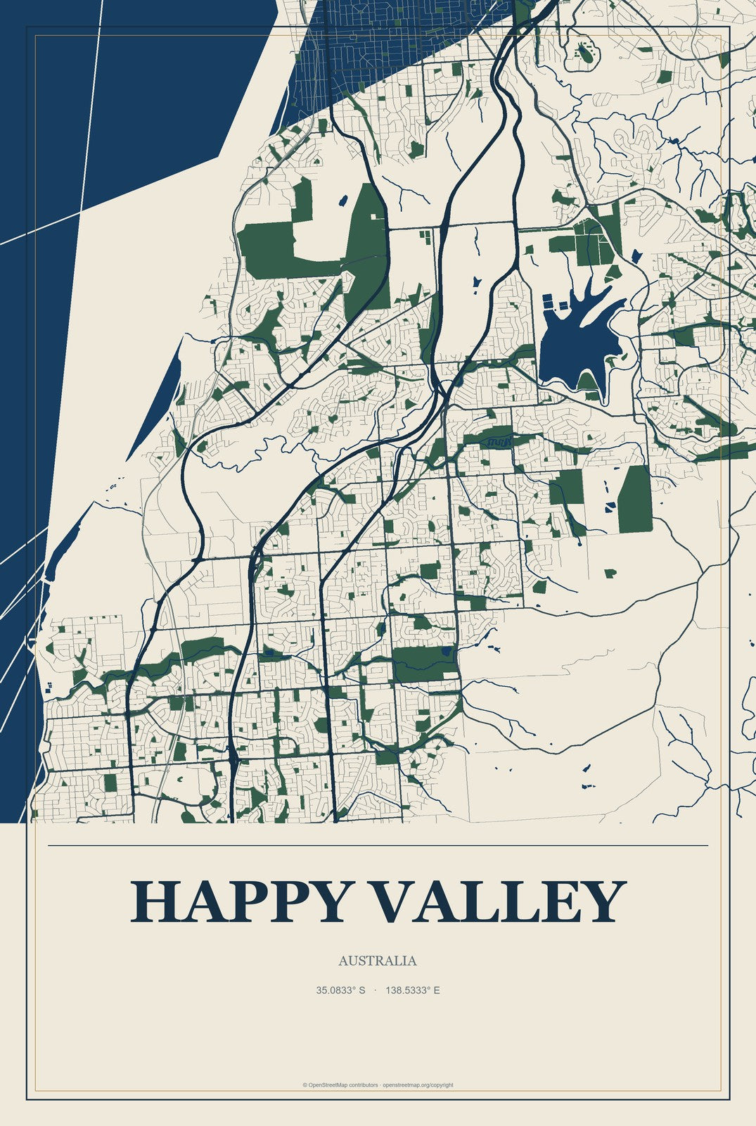 Happy Valley, Australia City Map Aluminum Sign in Coastal Cutout style