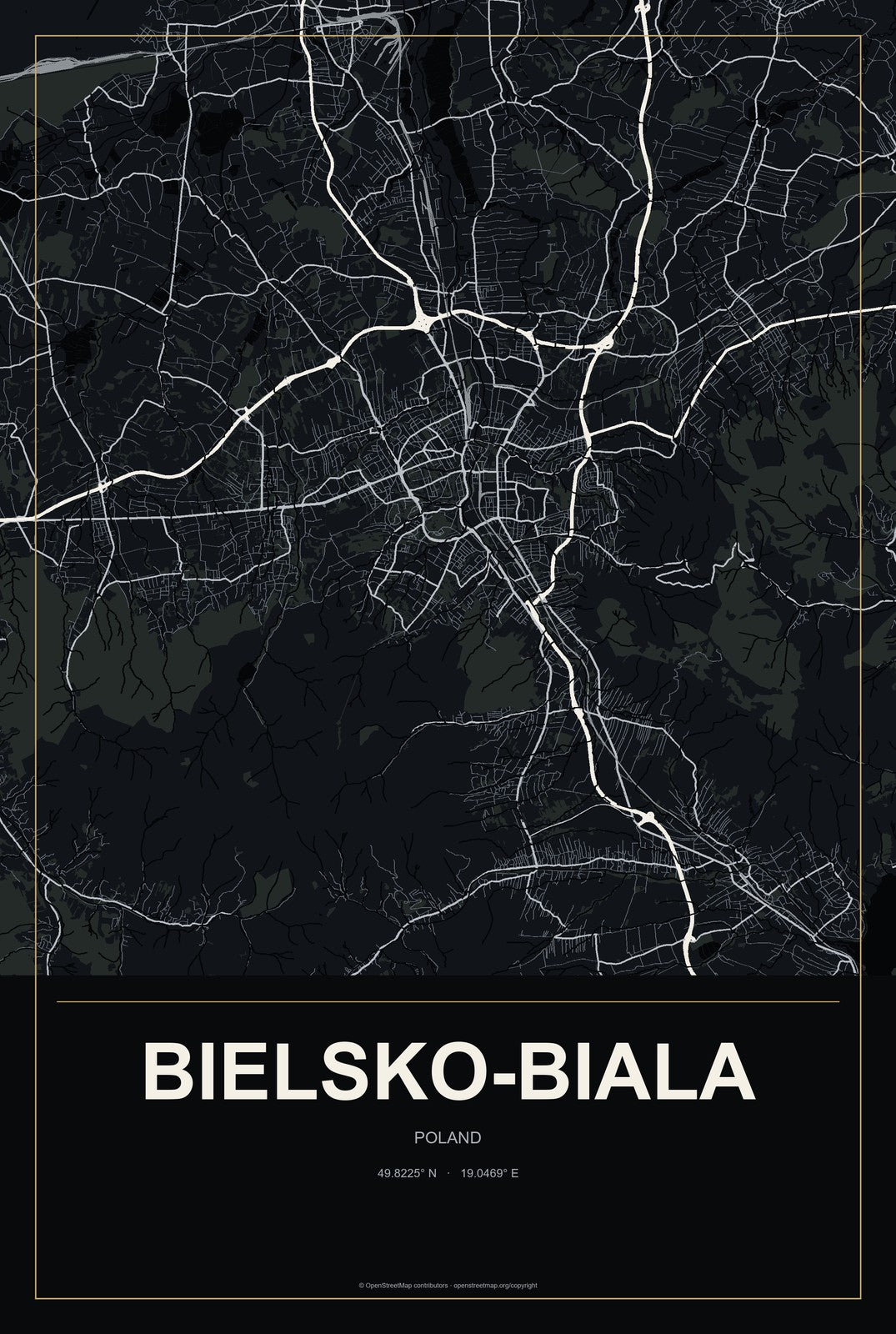 Bielsko-Biala, Poland City Map Aluminum Sign in Metropolitan Noir style