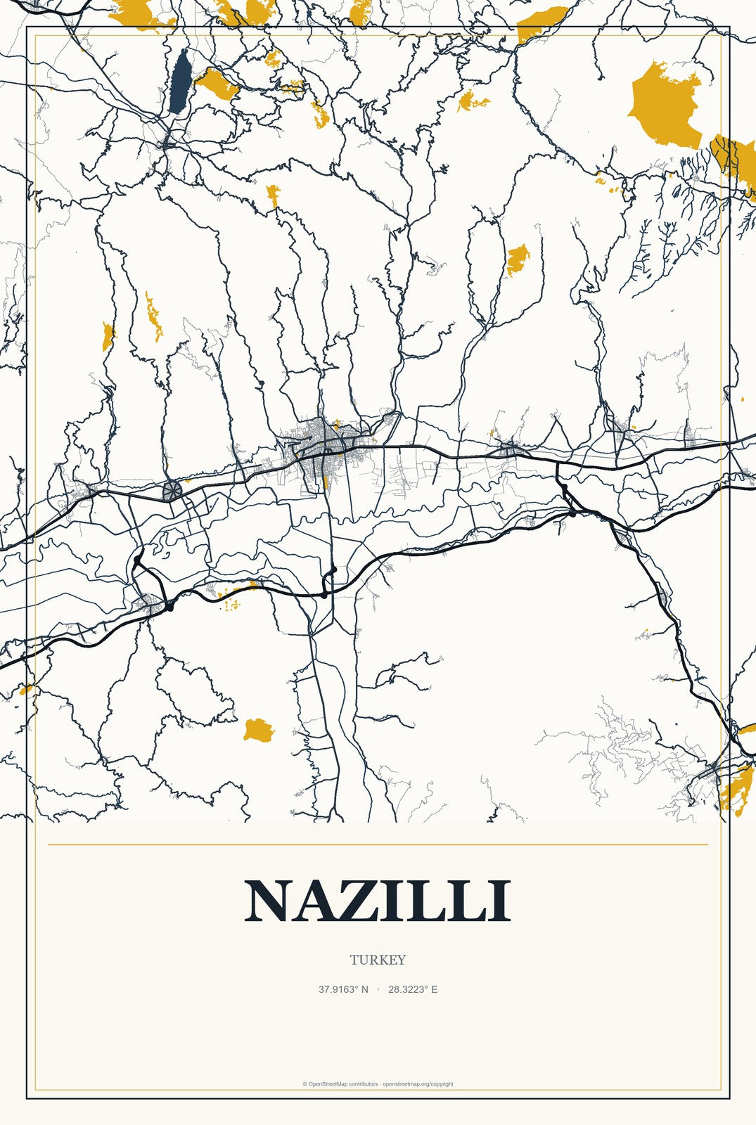 Nazilli, Turkey City Map Aluminum Sign in Citrine Modern style