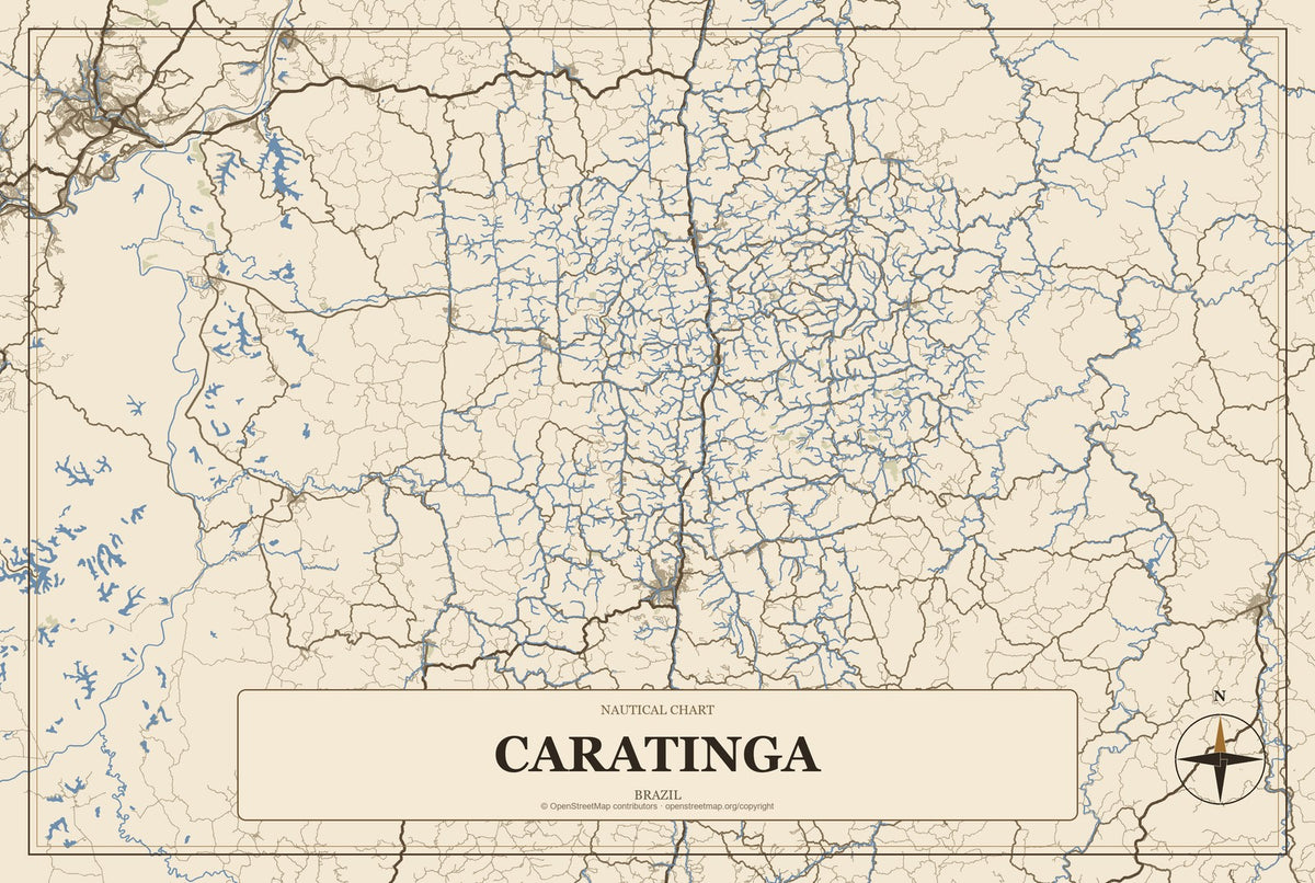 Caratinga, Brazil City Map Aluminum Sign in Heritage Nautical style
