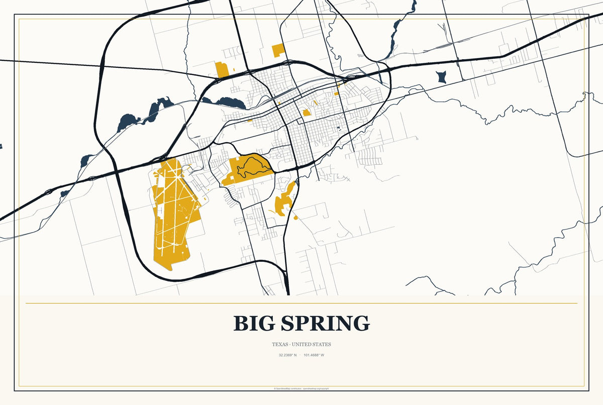 Big Spring, Texas City Map Aluminum Sign in Citrine Modern style