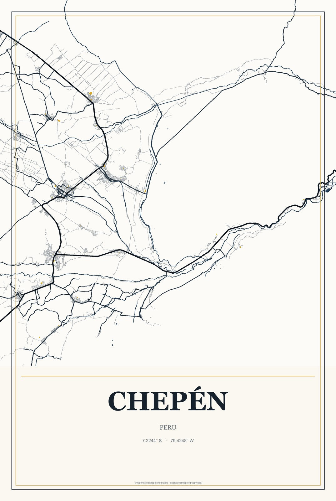 Chepén, Peru City Map Aluminum Sign in Citrine Modern style